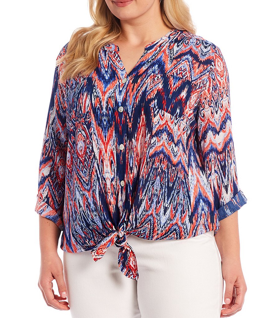 Ruby Rd. Plus Size Split Round Neck Marbleized Patchwork Print Roll-Tab Long Sleeve Button Down Tie-Front Top
