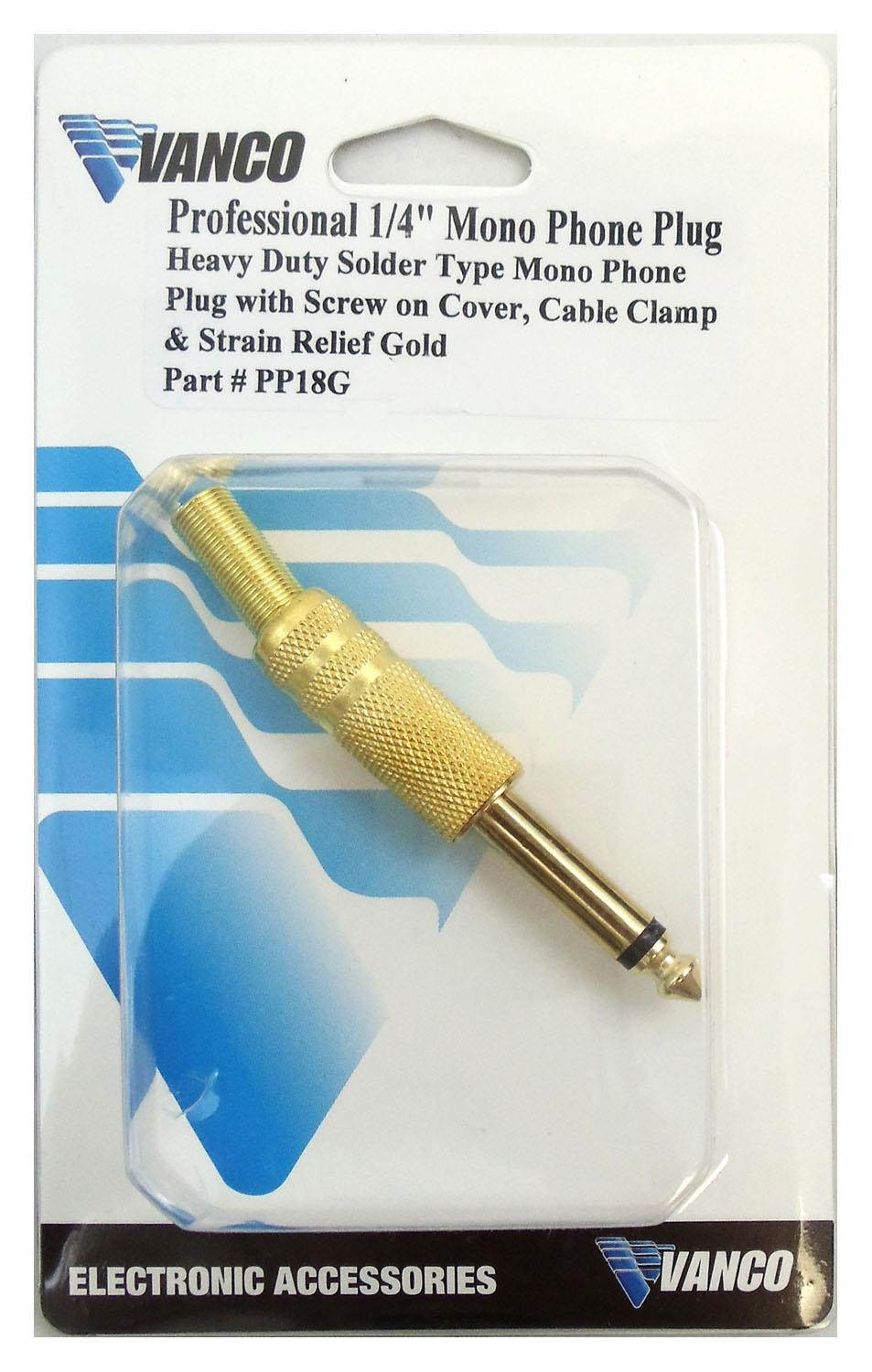 Vanco PP18GX 0.25 in. Gold Shielded 2 Conductor Mono Phone Plug with Spring Strain Relief