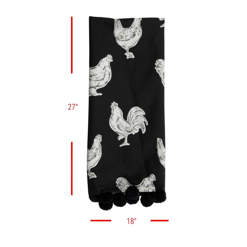 Chicken Pattern 27 x 18 Inch Woven Kitchen Tea Towel with Hand Sewn Pom Poms - Foreside Home & Garden