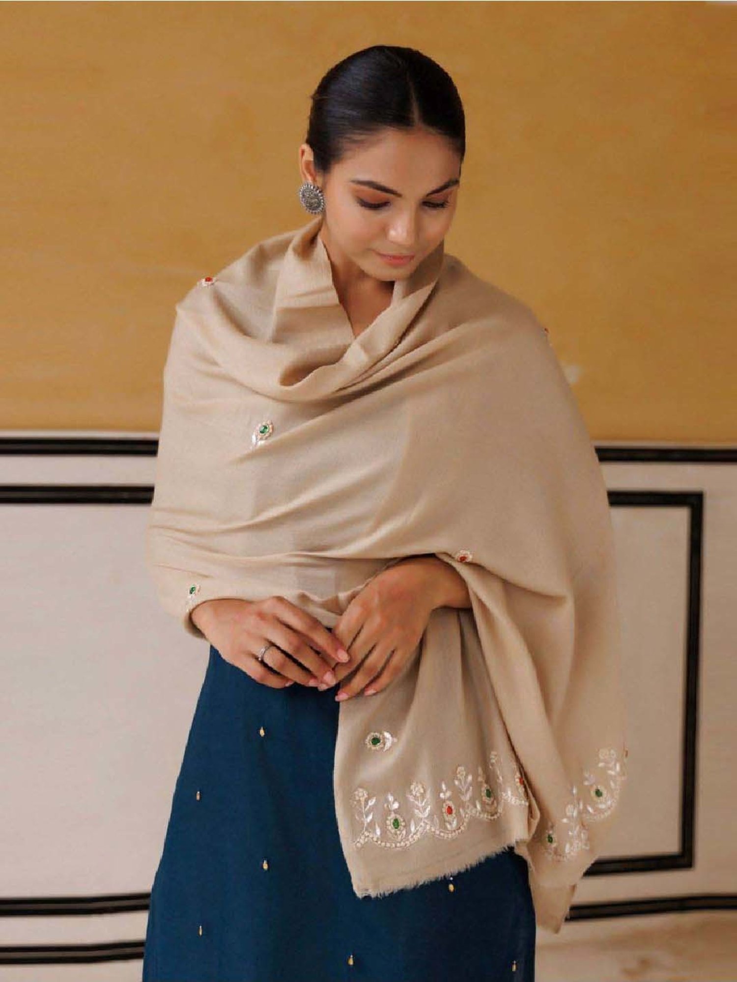 Geroo Jaipur Beige Hand Embroidered Gota Patti-Zardosi Woolen Shawl