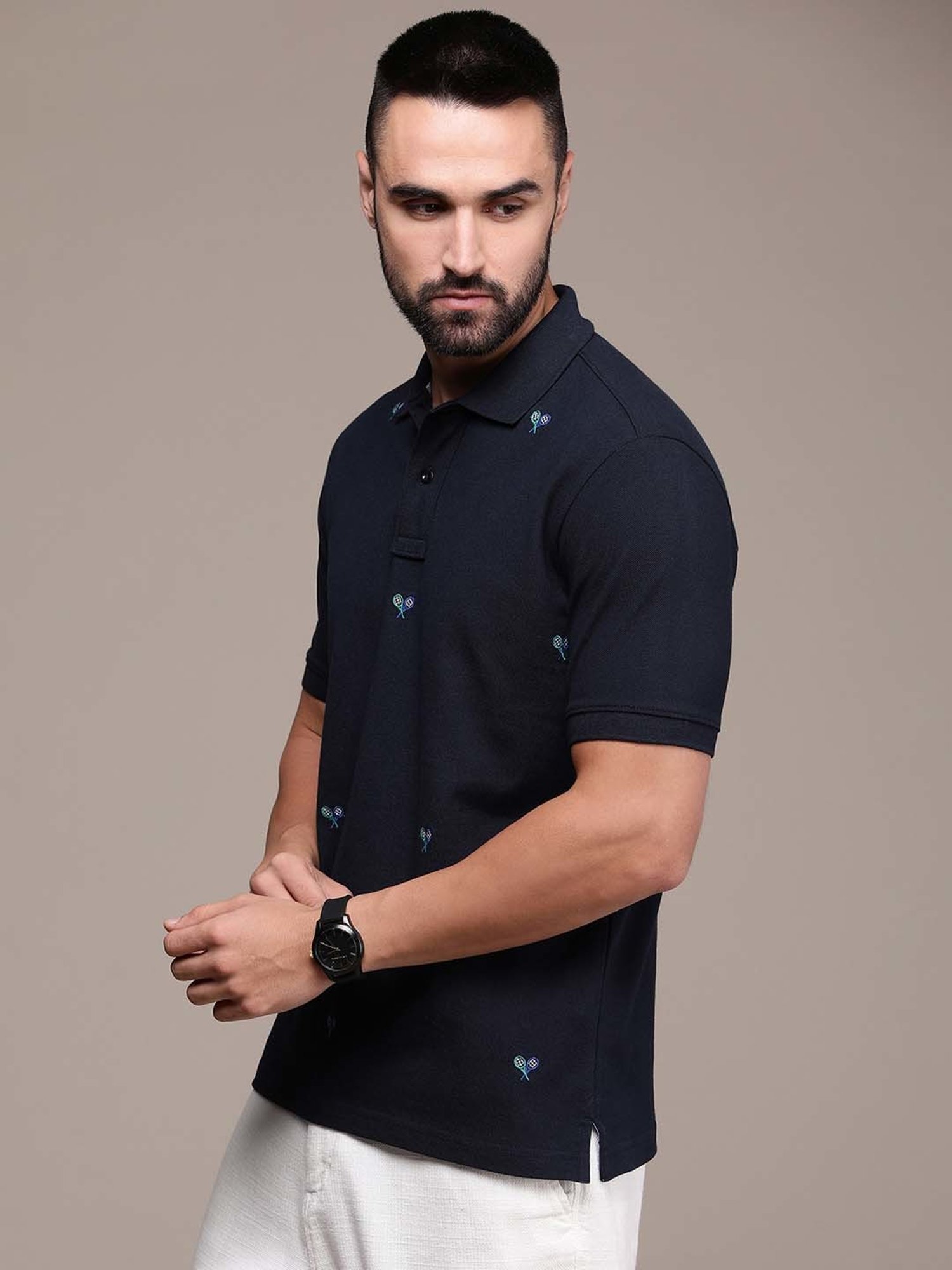 Burnt Umber Navy Regular Fit Embroidered Polo T-Shirt