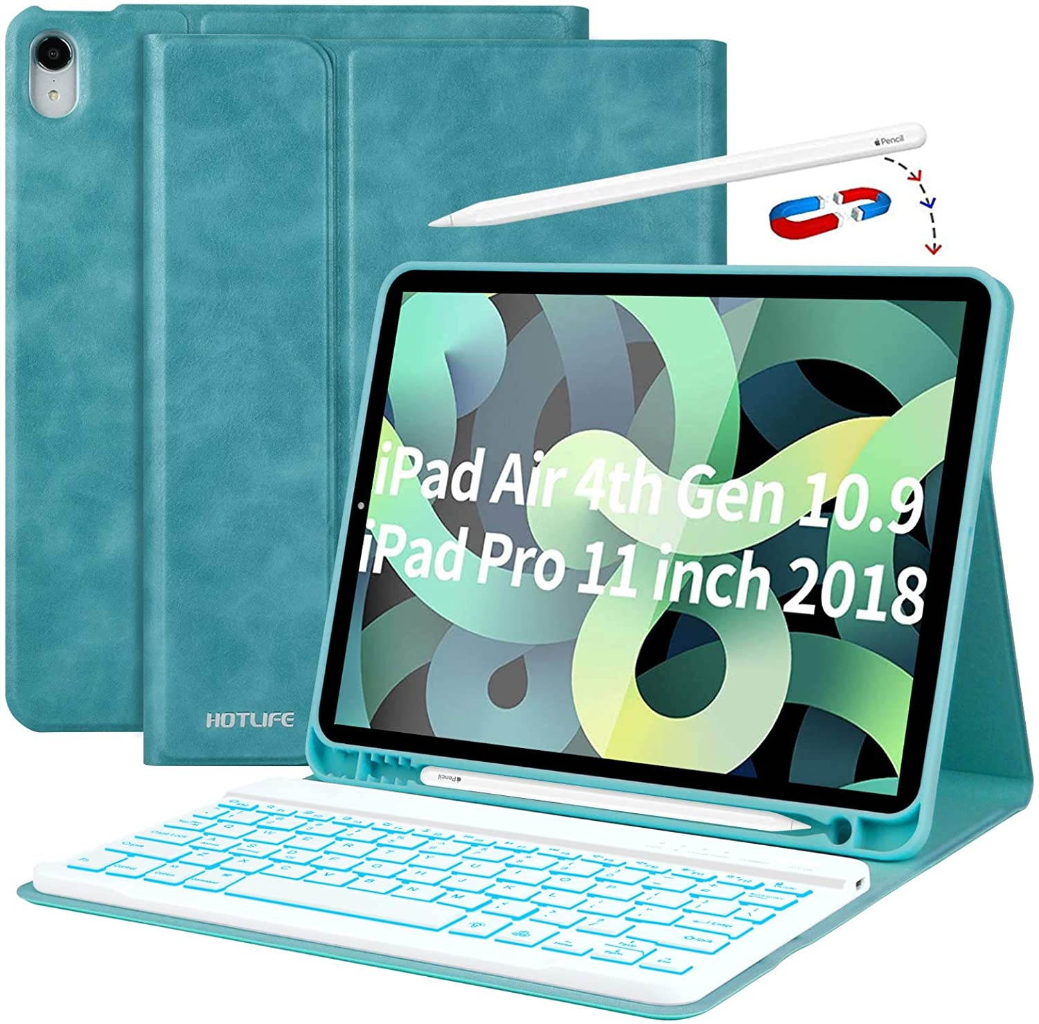 iPad Air 4th Generation Keyboard Case New iPad Air 10.9 2020 Case with Keyboard 7-Color Backlit- Detachable Bluetooth Keyboard Pencil Holder iPad Keyboard Case for 2018 iPad Pro 11 (Lake Blue)