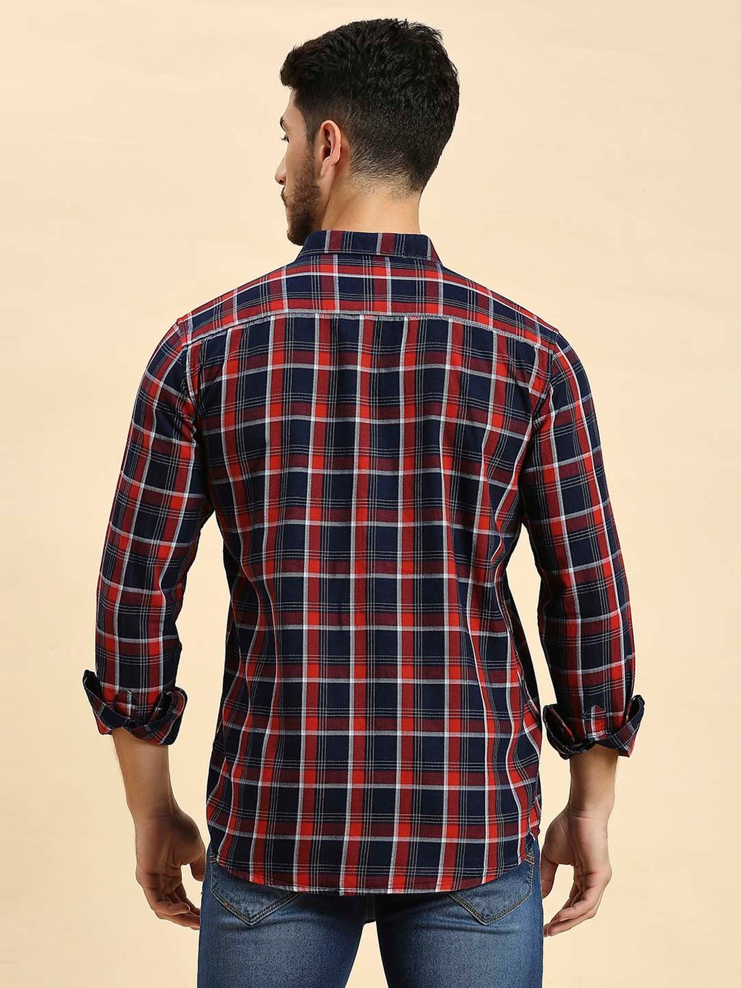 HJ HASASI Navy Slim Fit Check Cotton Shirt