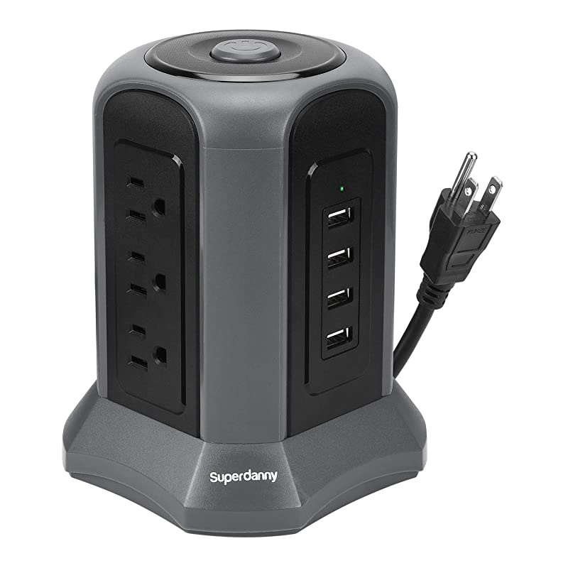 Surge Protector Power Strip Tower 10ft Extension Cord 4 USB Port 9 Outlet Desktop Charging Station 1080J Adjustable Voltage 110240V Multiple Plug Fire Proof or PC Laptop Phone Office