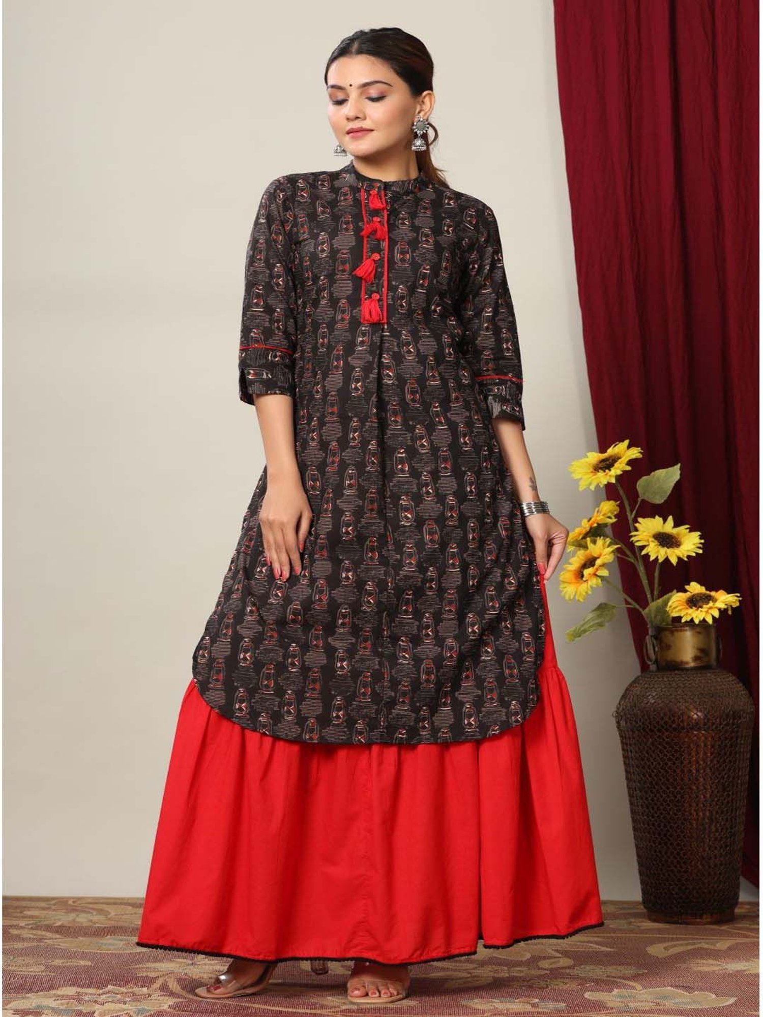Miravan Black & Red Cotton Printed Kurta Palazzo Set