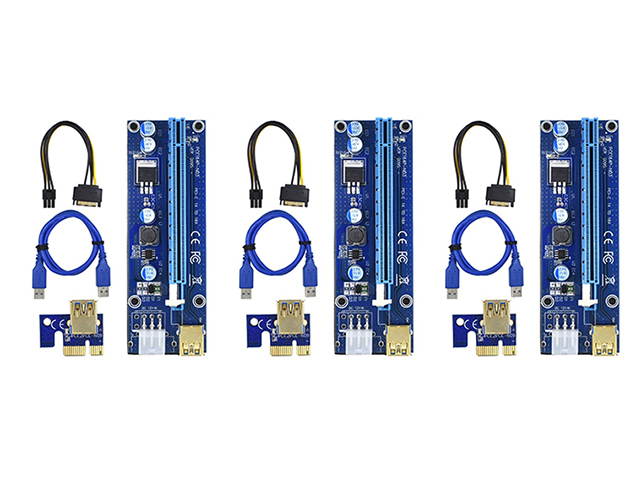 PCI-E Riser for Bitcoin/Litecoin/ETH coin, GPU Extension Cable, PCle VER 009S 16X to 1X (6PIN/MOLEX/SATA) Mining Powered Riser Adapter Card with 23.6 inches USB 3.0 Cable  - 3 Packs