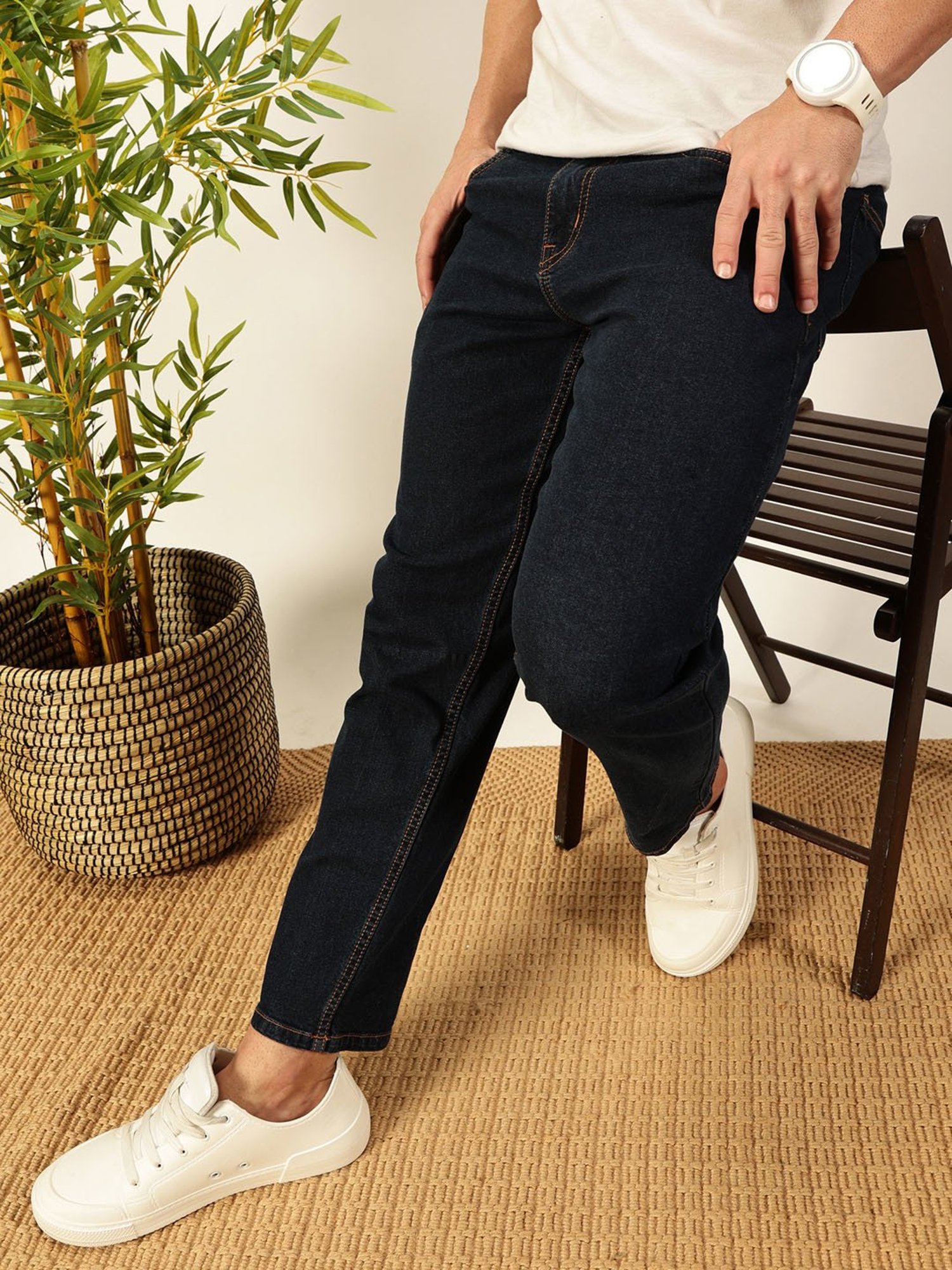 Thomas Scott Dark Blue Cotton Slim Tapered Solid Jeans