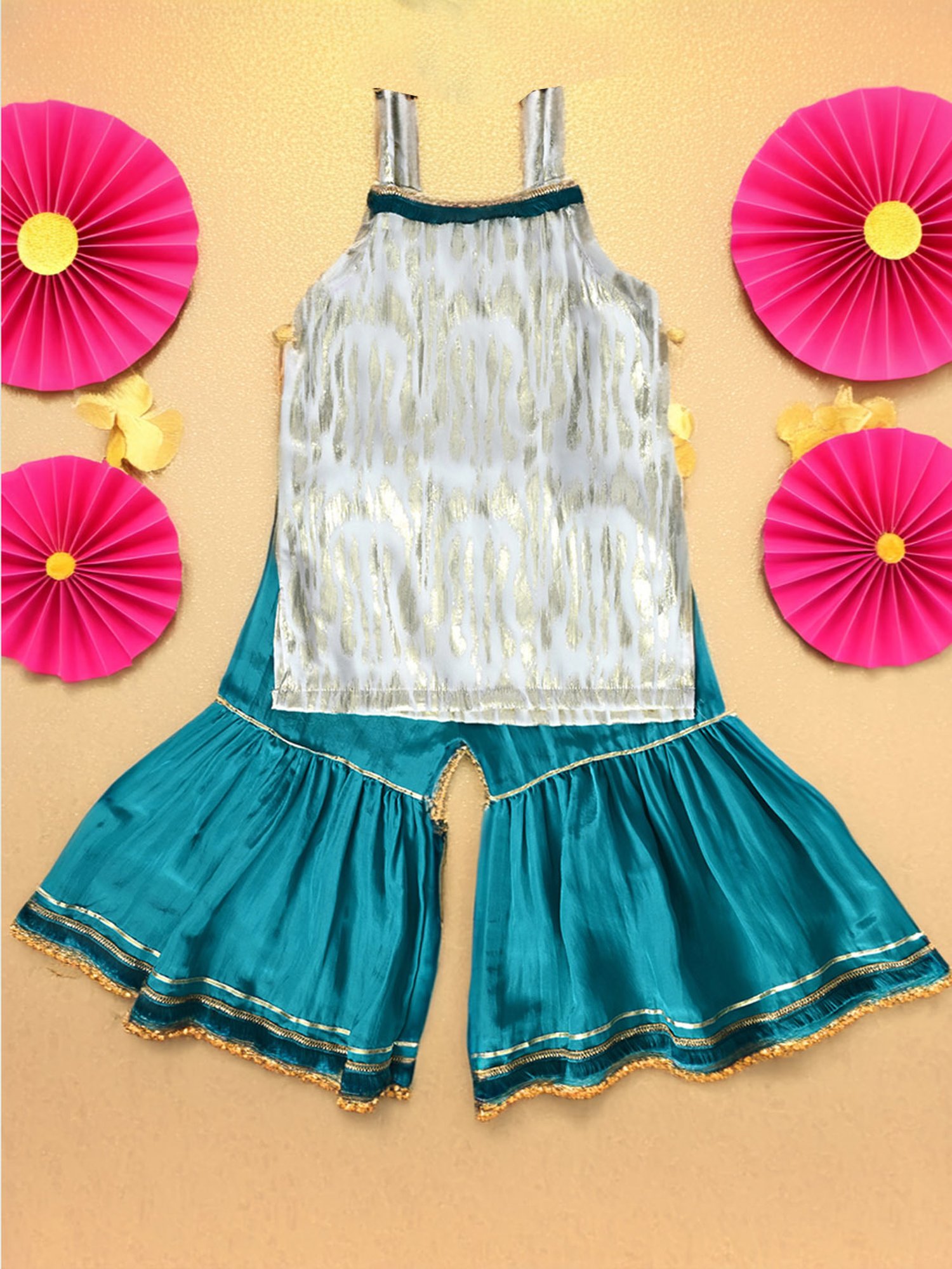 Bella Moda Girls Green & White Printed Kurti with Sharara