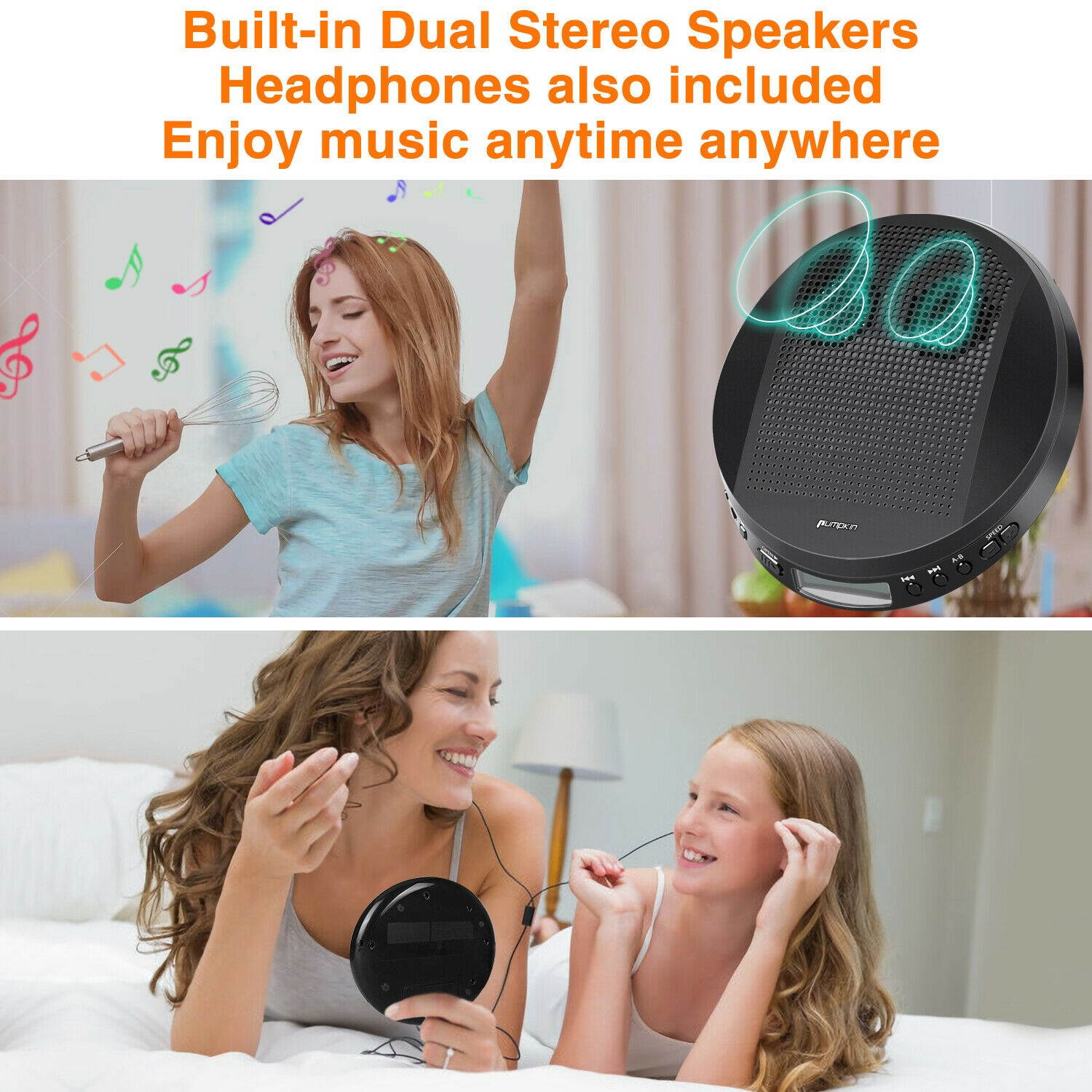 Portable CD Player for Car with Stereo Speakers and Headphones Anti-Skip MP3 AUX