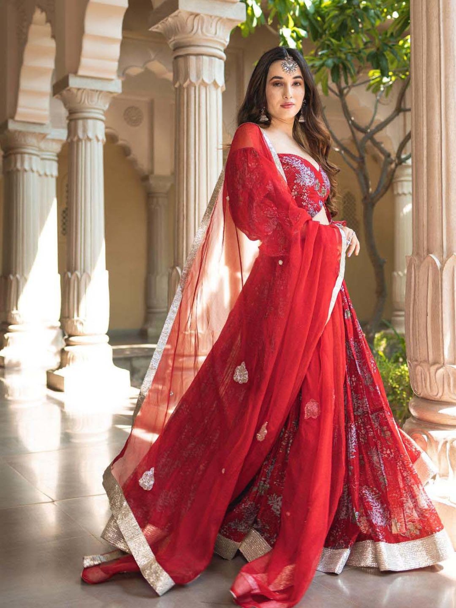 AACHHO Red Floral Print Lehenga Choli Set With Dupatta
