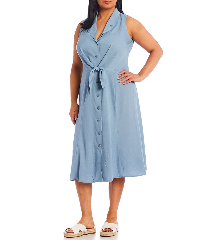 London Times Plus Size Tie Front Chambray Midi A-Line Shirtdress