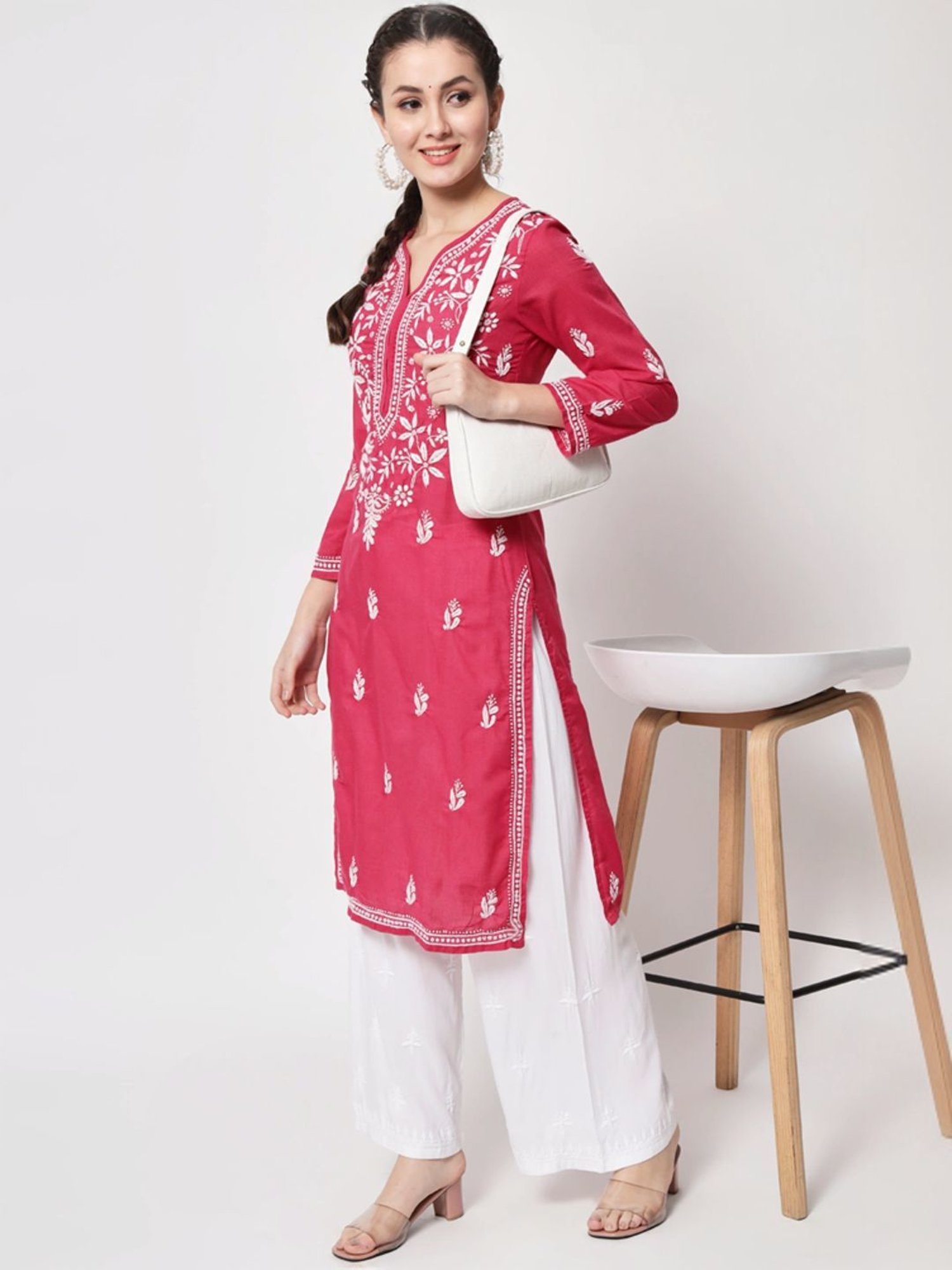 PARAMOUNT CHIKAN Magenta Pink Cotton Hand Embroidered Chikankari Straight Kurta