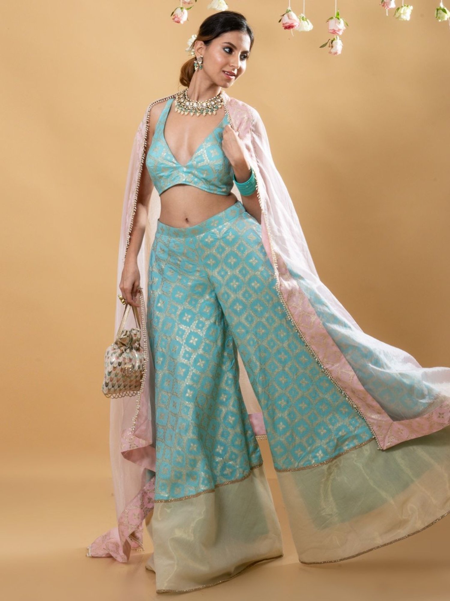 Monk and Mei Sitara Multi Nitya Brocade Sharara Blouse Dupatta Set