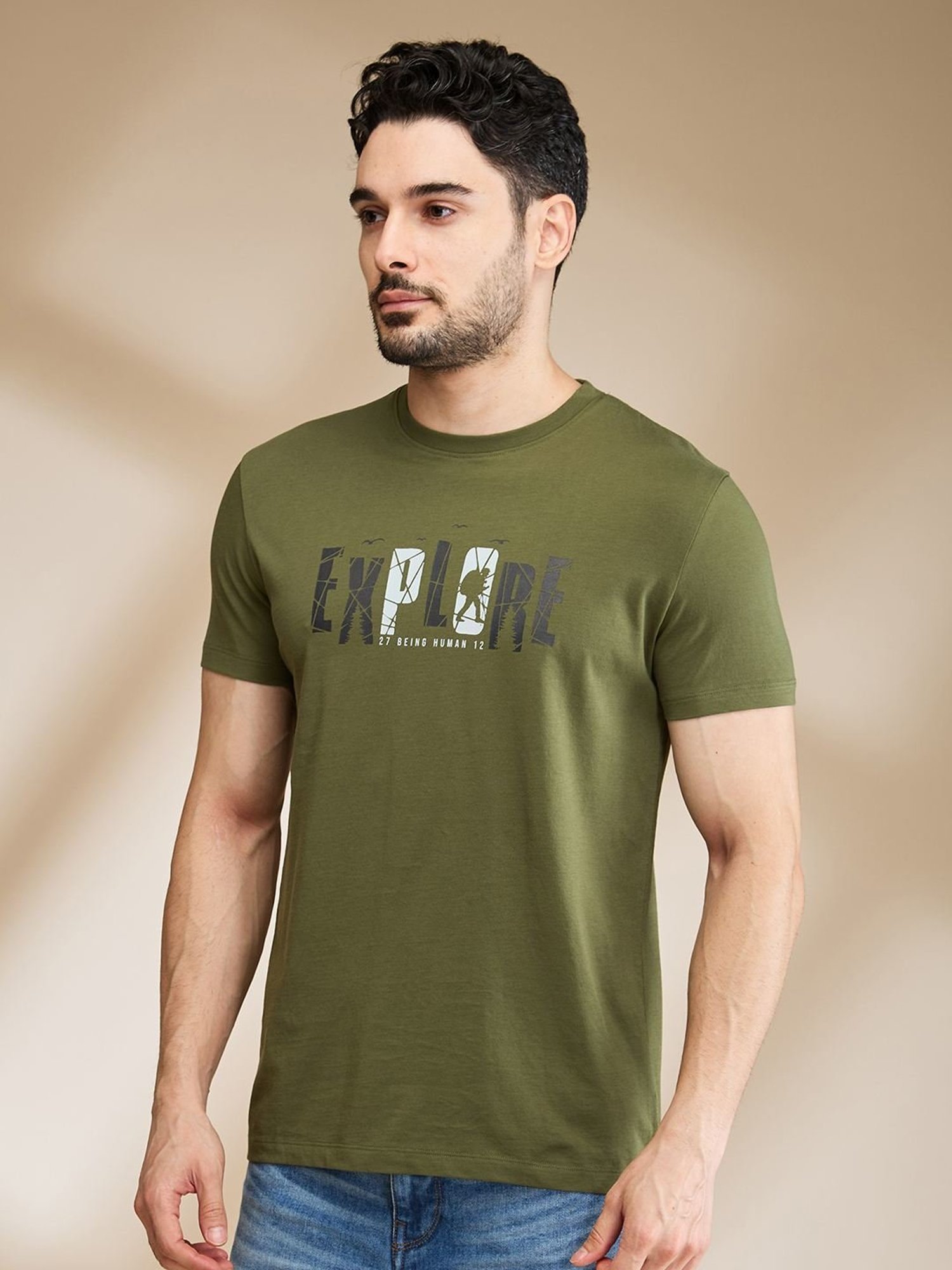 Being Human Dark Green Regular Fit Printed T-Shirt