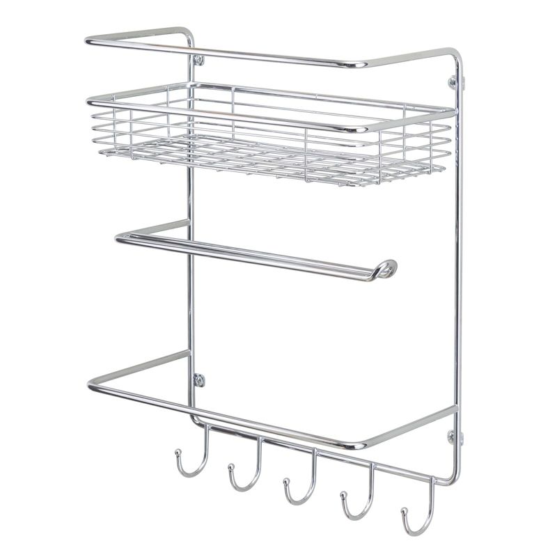 mDesign Metal Wall Mount Paper Towel Holder with Storage Shelf & Hooks - Chrome