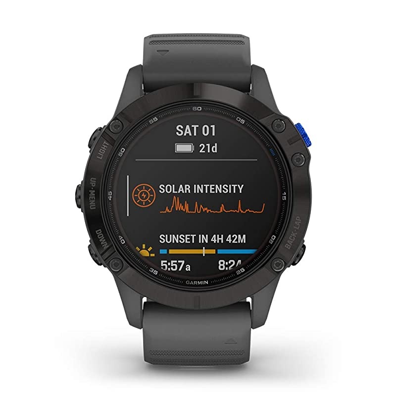 Garmin Fenix 6 Pro Solar (Black with Slate Gray Band) Power Bundle | +HD Screen Protectors,  Portable Charger & Hard Case | Solar Charging, ClimbPro, PacePro, Spotify