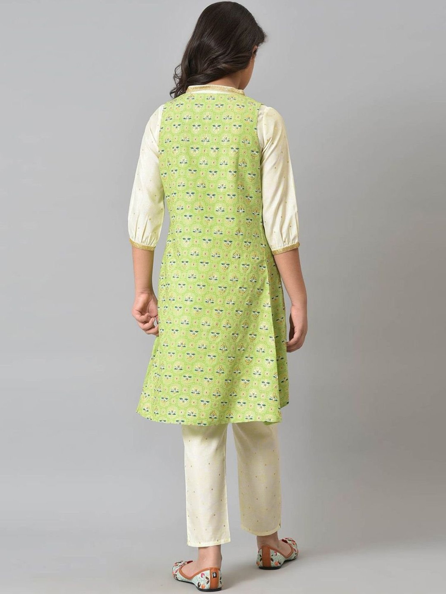 Aurelia Kids Green & Cream Printed Kurta Set