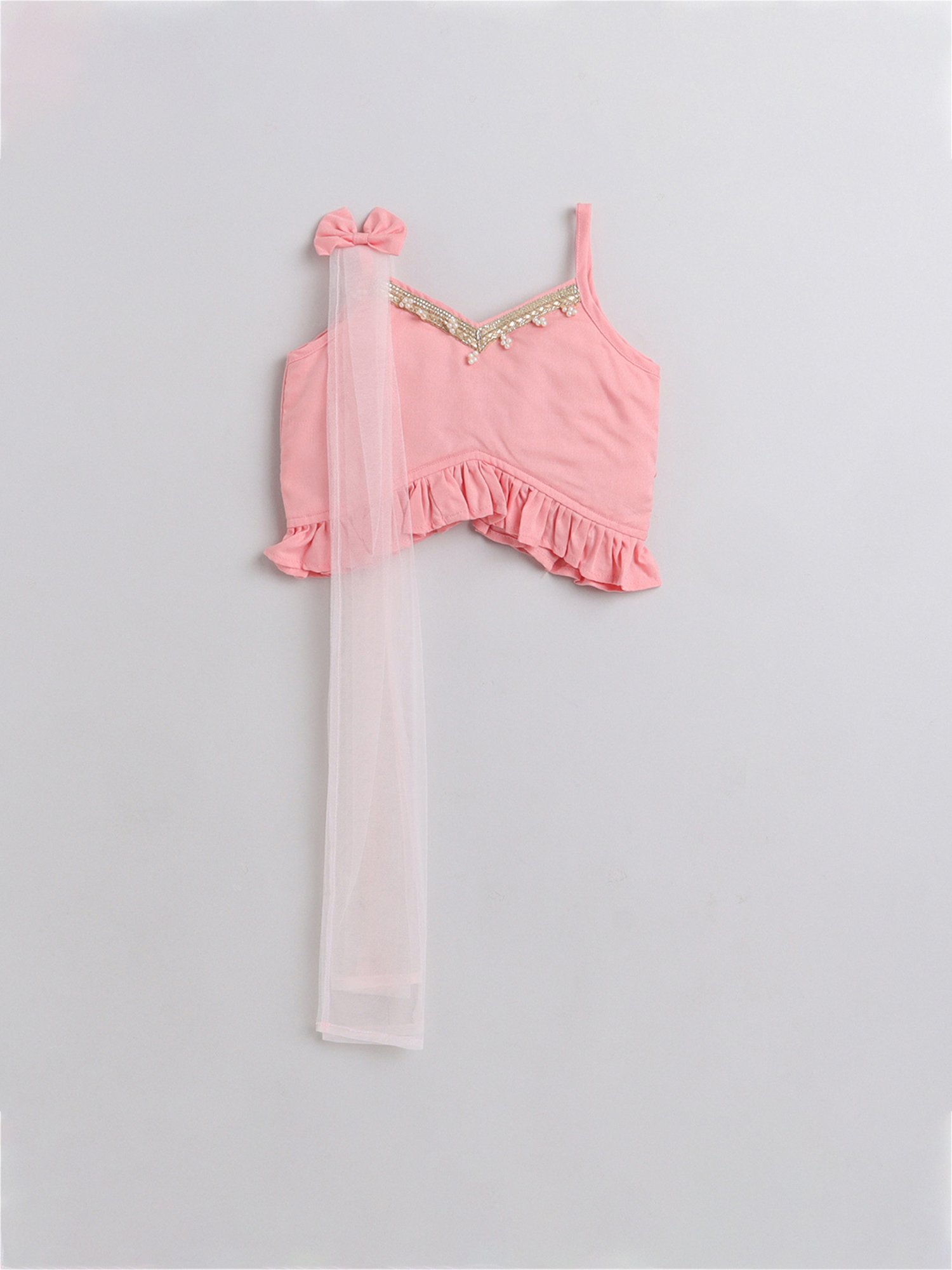 Many Frocks Kids Peach Solid Lehenga, Choli with Dupatta