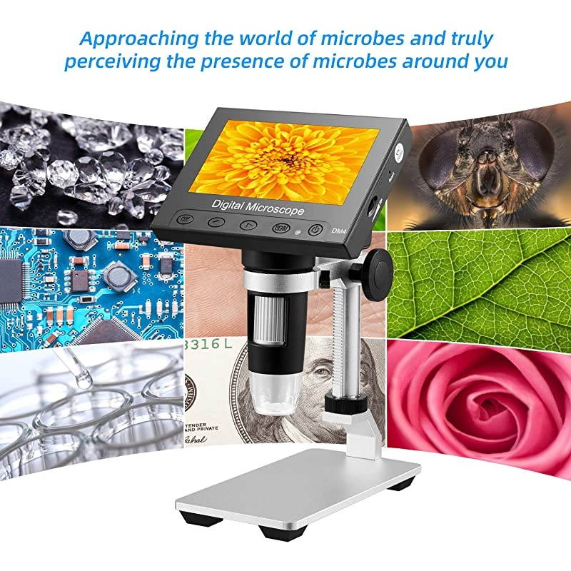 LCD Digital USB Microscope 4.3 Inch 10X-1000X Magnification Zoom, 8 LED Adjustable Light, Rechargeable Lithium Battery Camera Video Recorder for Phone Repair Soldering Tool Children Lab Edu