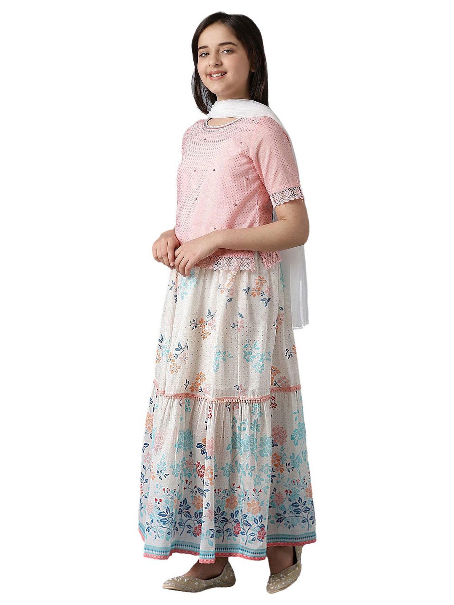 Aurelia Kids Pink & White Printed Top with Skirt & Dupatta