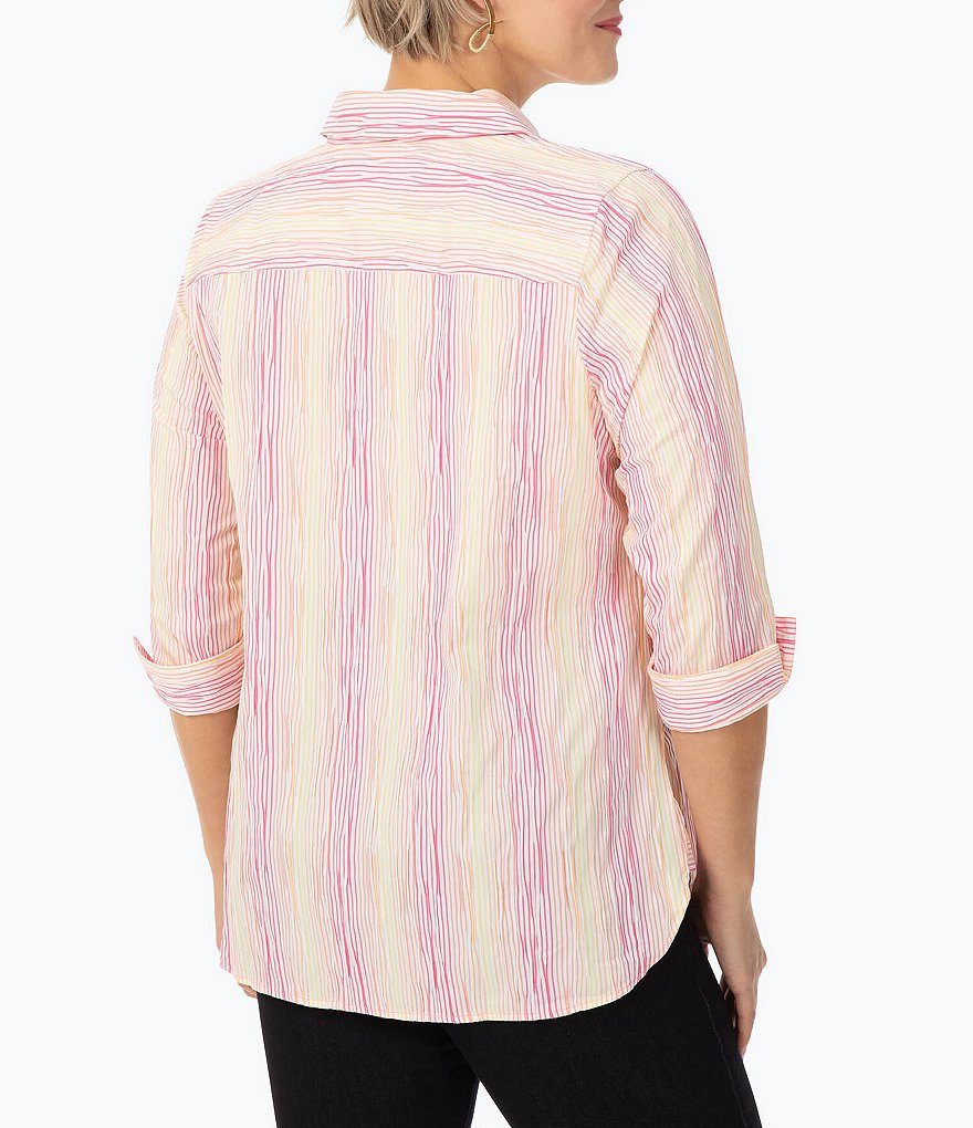 Foxcroft Plus Size Germaine Point Collar Neck 3/4 Sleeve Ombre Crinkle Stripe Button Front Tunic