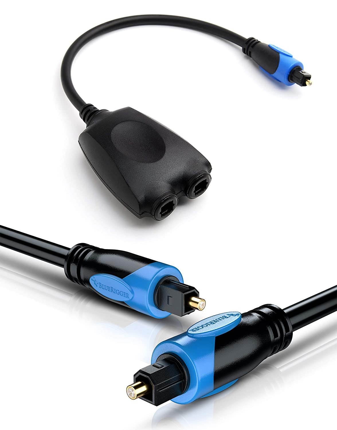BlueRigger 1x2 Toslink splitter with 25FT Toslink Cable - 1 Male Input 2 Female Output - with 24K Gold Plated Connectors (Digital Optical Audio Cable in-Wall CL3 Rated for Home Theatre Xbox Playst
