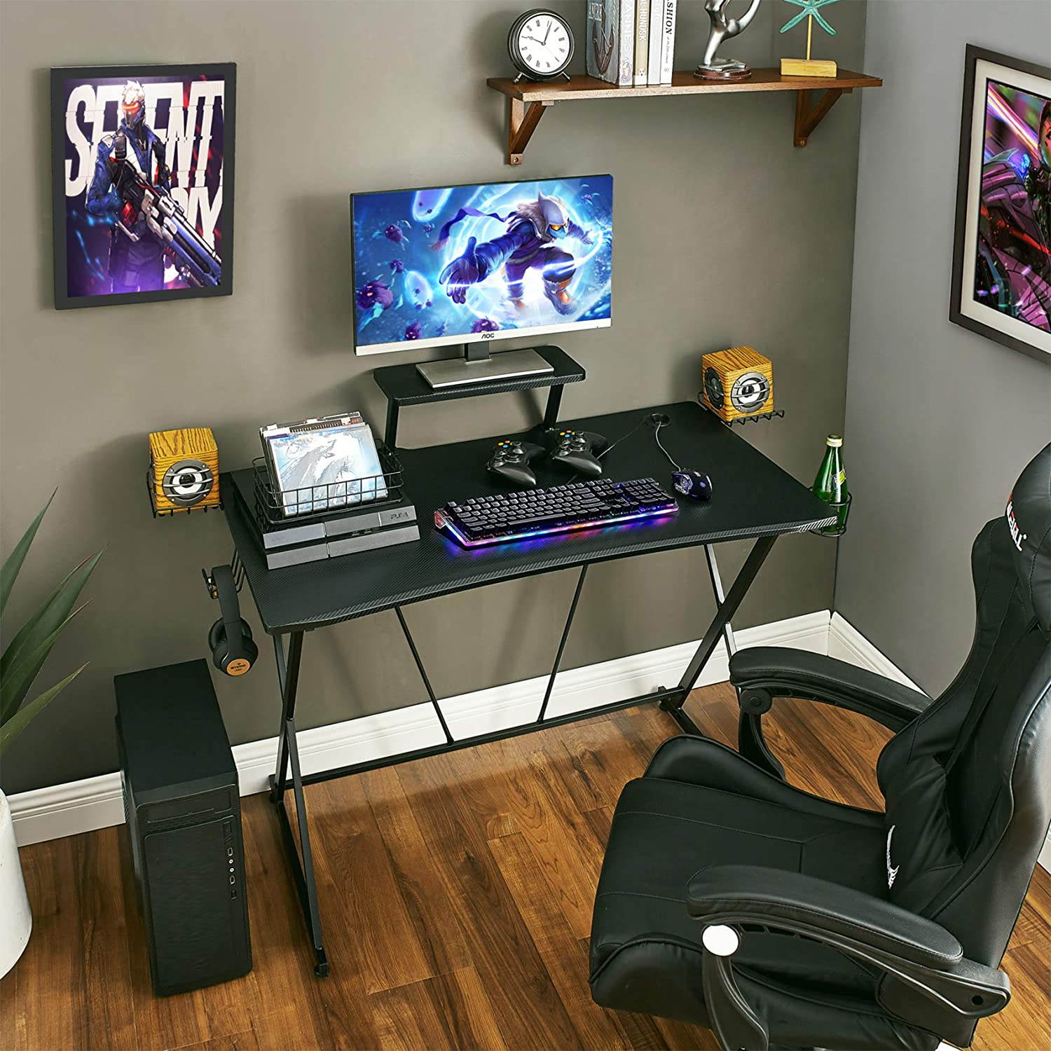Gaming Desk 41.7" W x 23.6" D with Monitor Stand, Black Home Office Computer Desk with Cup Holder, Headphone Hook, Speaker Holders and Cable