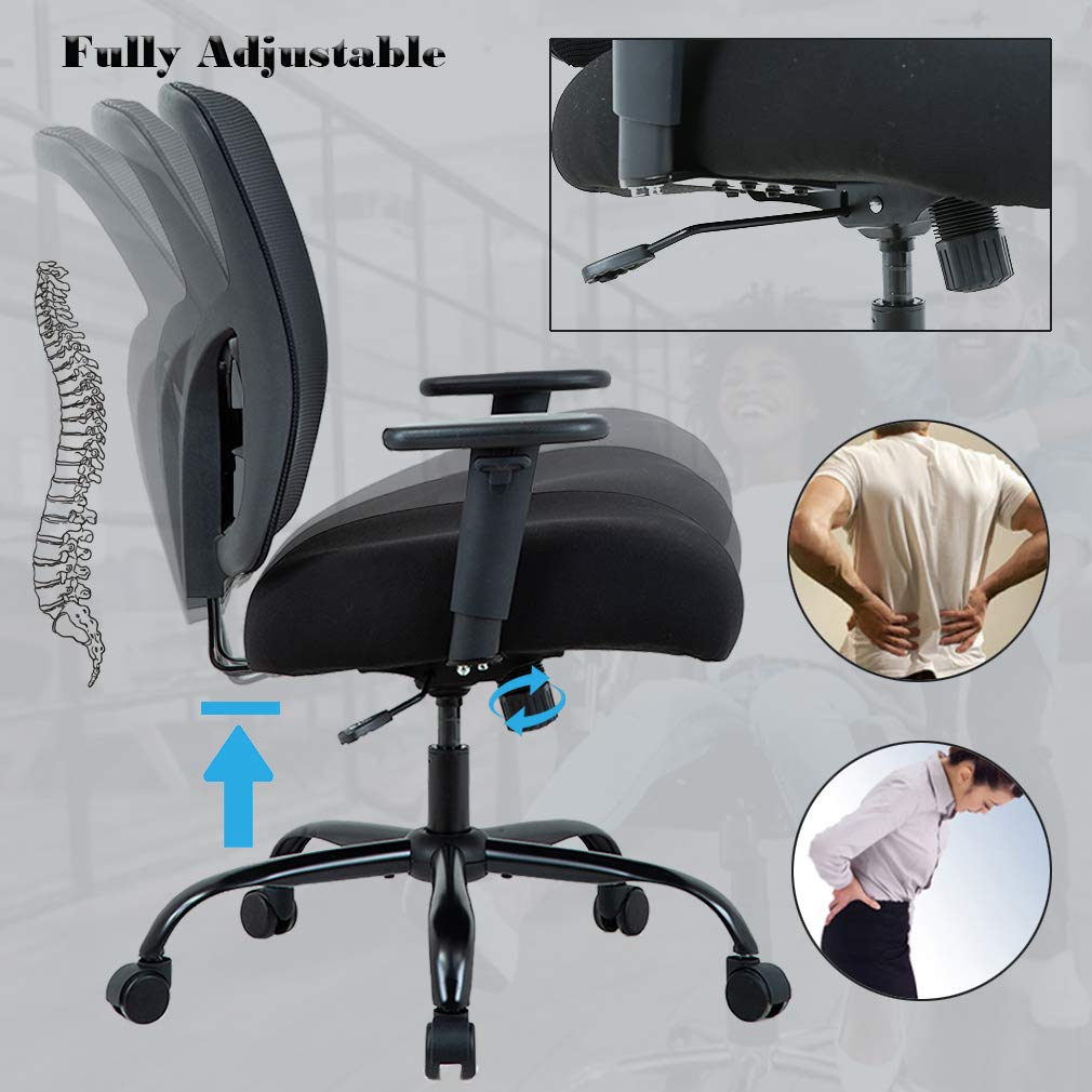 BestOffice Big and Tall 400lb Office Chair Desk Ergonomic Executive Rolling Swive Adjustable Arms Mesh Back Computer Task Stool with Lumbar Support for Women Men, Black