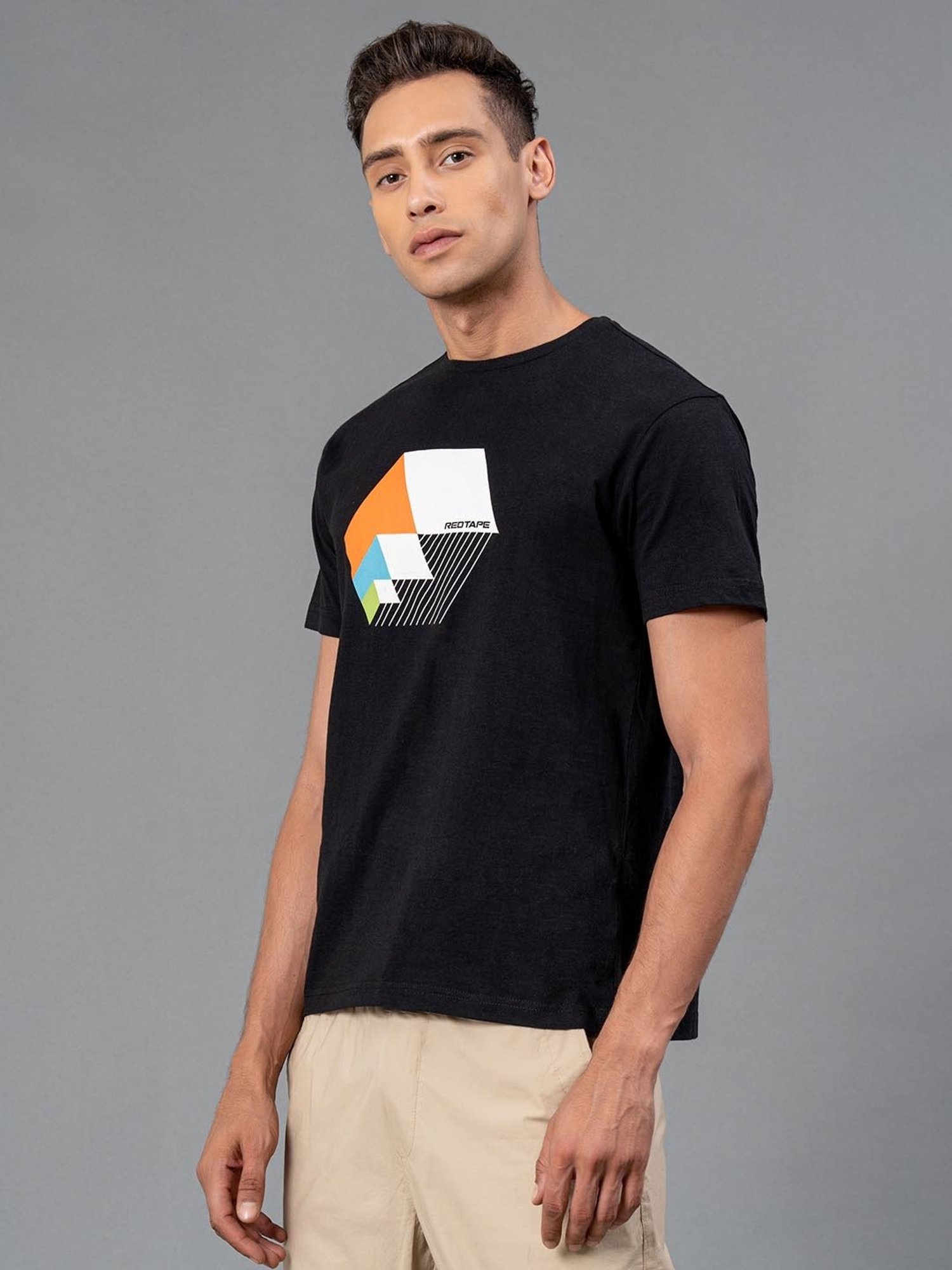 Red Tape Black Regular Fit Graphic Print Cotton Crew T-Shirt