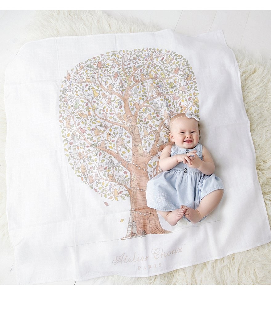 Atelier Choux Paris Organic Cotton Baby Friends & Family Tree Swaddle Blanket with Gift Box