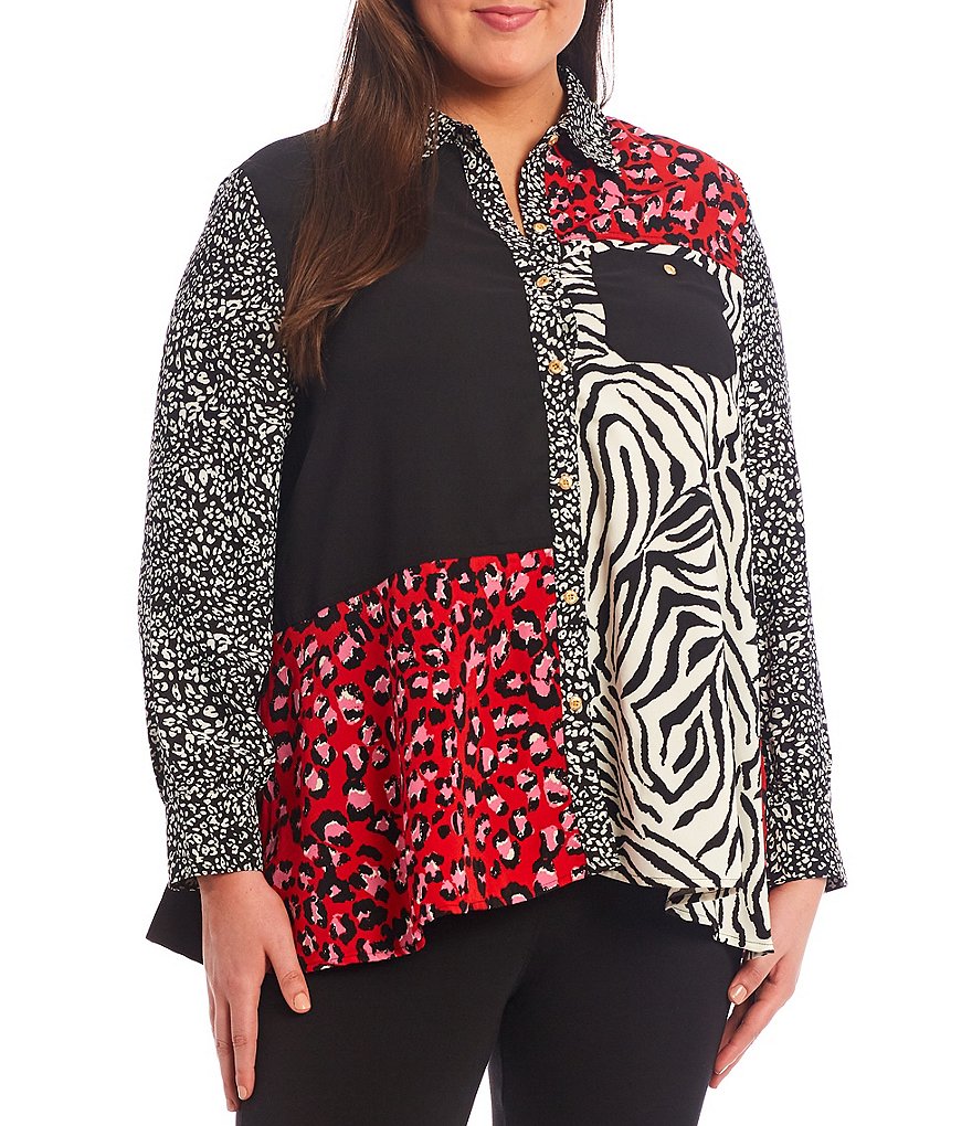 Calessa Plus Size Point Collar Neck Patchwork Animal Print Roll Tab Long Sleeve Button Front Shirt
