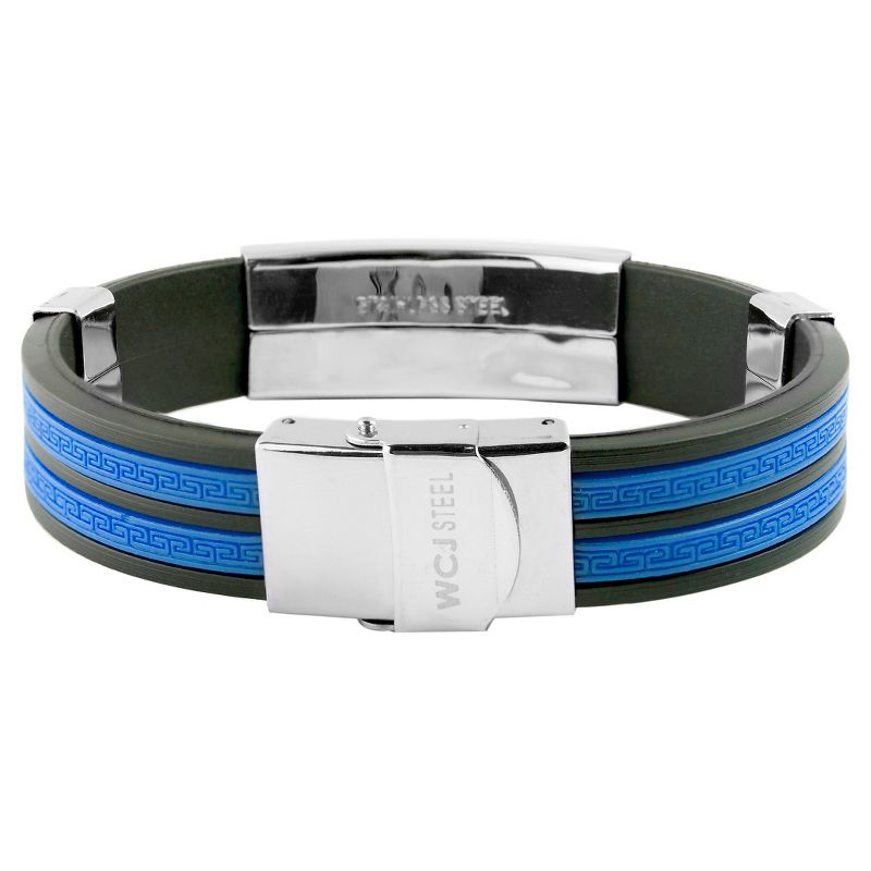 Men's West Coast Jewelry Stainless Steel ID Blue and Black Geometric Design Rubber Bracelet