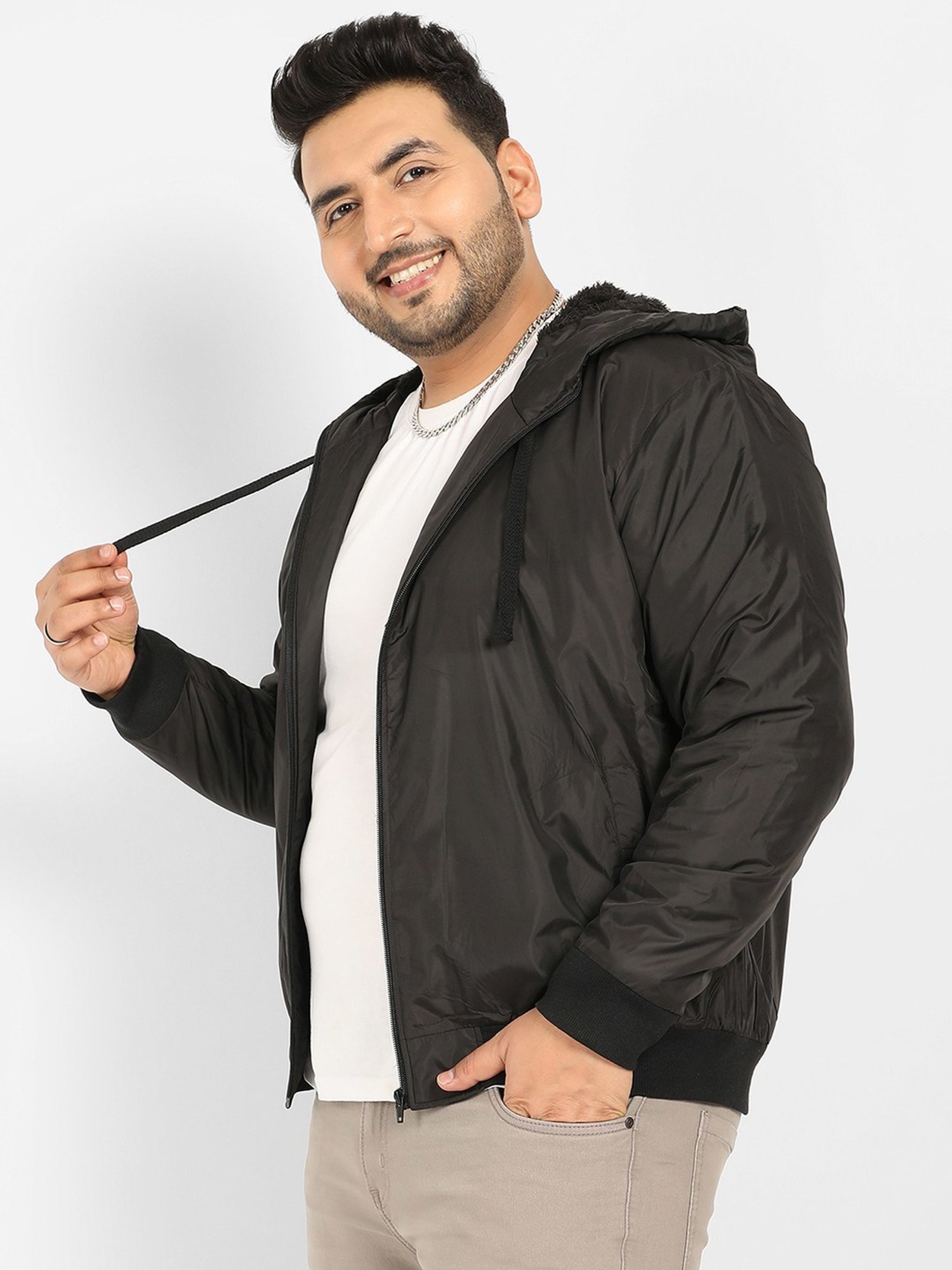 Instafab Plus Black Regular fit Plus Size Hooded Jacket