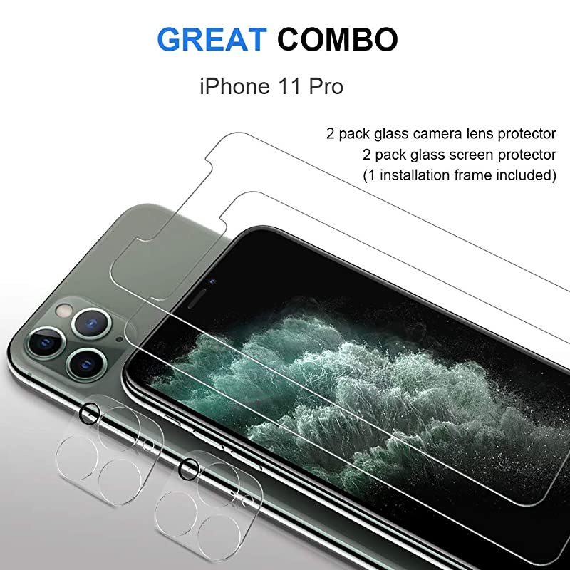4 Pack  Tempered Glass for iPhone 11 Pro 58inch 2 Pack Tempered Glass Screen Protector + 2 Pack Tempered Glass Camera Lens Protector + 1 Easy Installation Frame