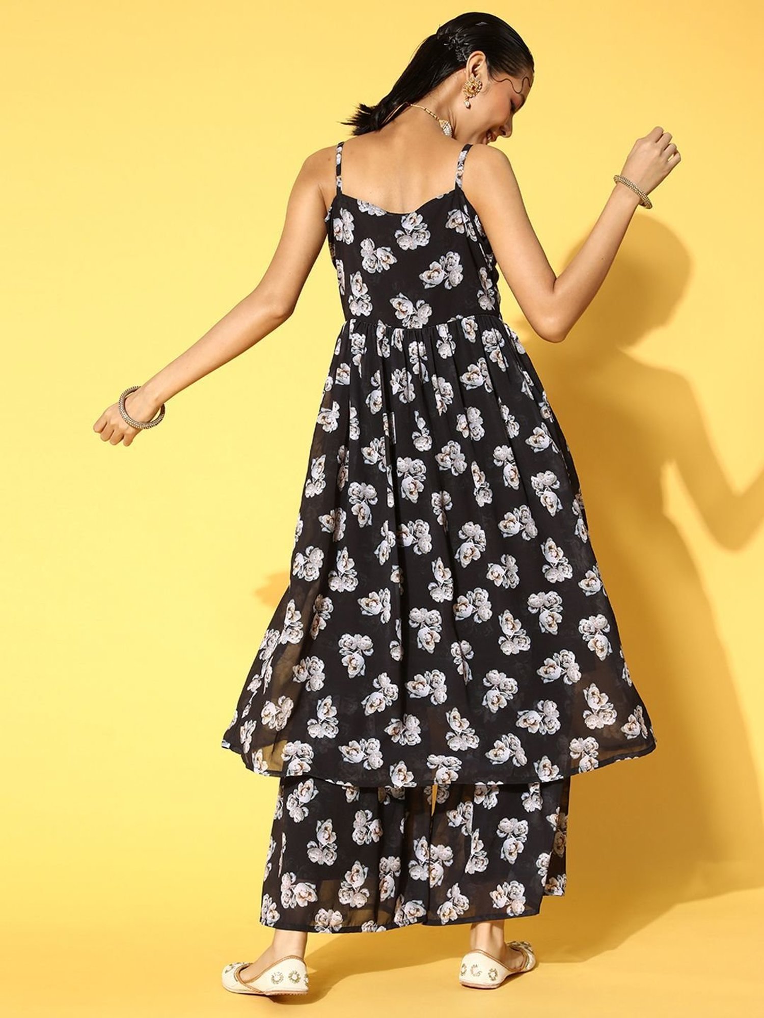 Ziyaa Black Floral Print Kurta Sharara Set