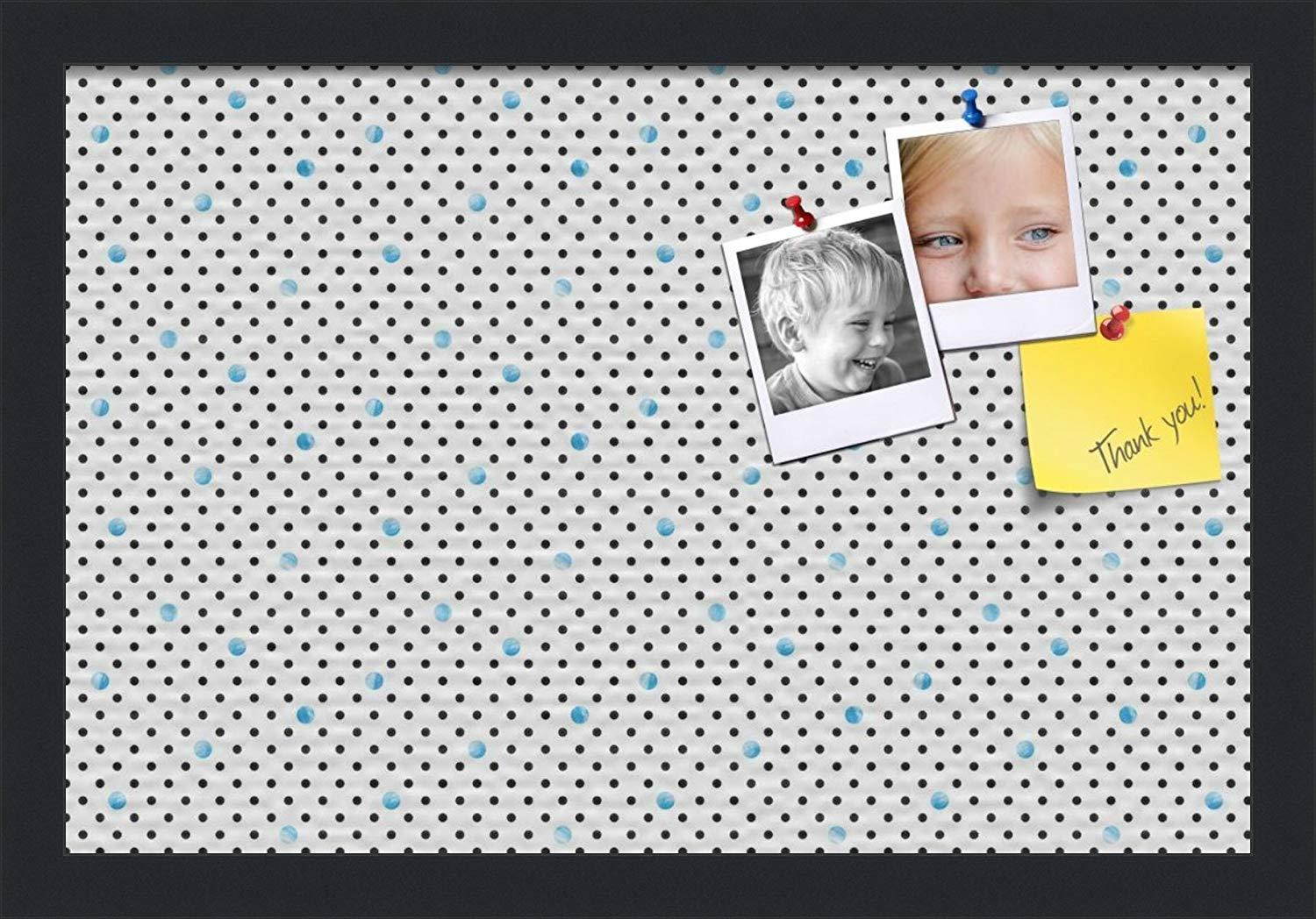 PinPix custom printed pin cork bulletin board made from canvas, Chic Polka Dot Blue 18x12 Inches (Completed Size) and framed in Satin Black (PinPix-Group-55)