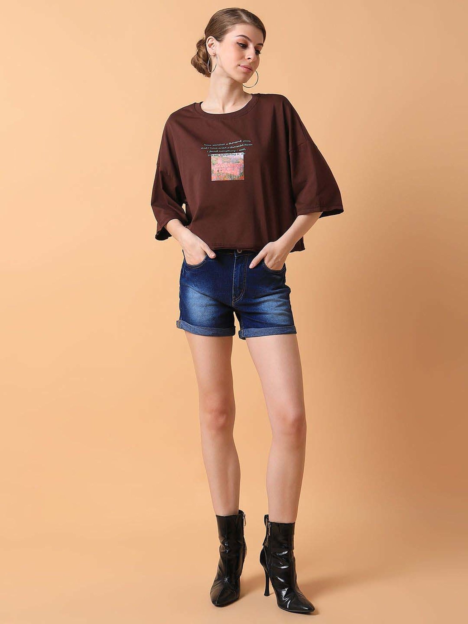 SHOWOFF Brown Cotton Printed T-Shirt