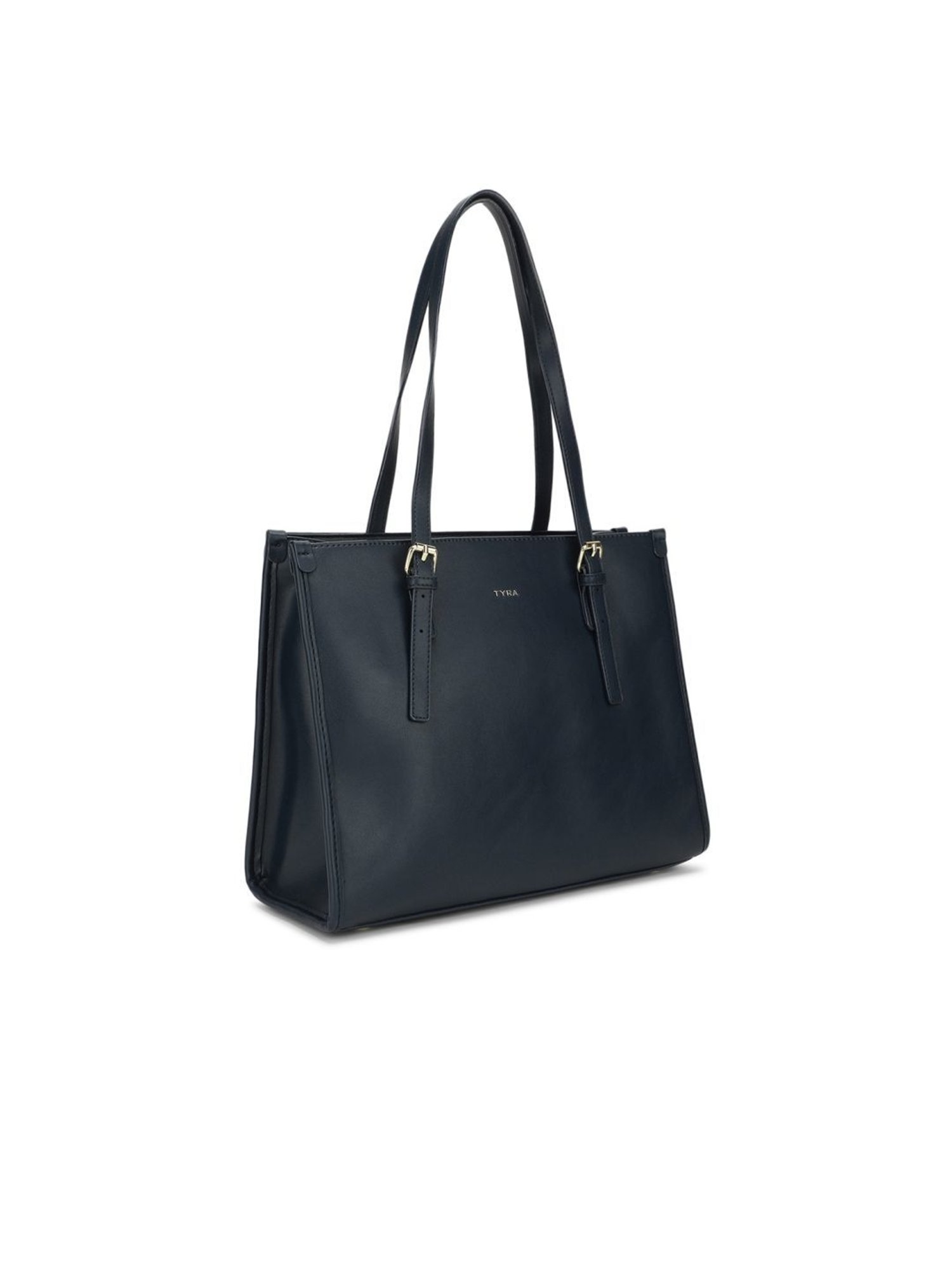 Tyra Hazel Navy Solid Faux Leather Tote Handbag