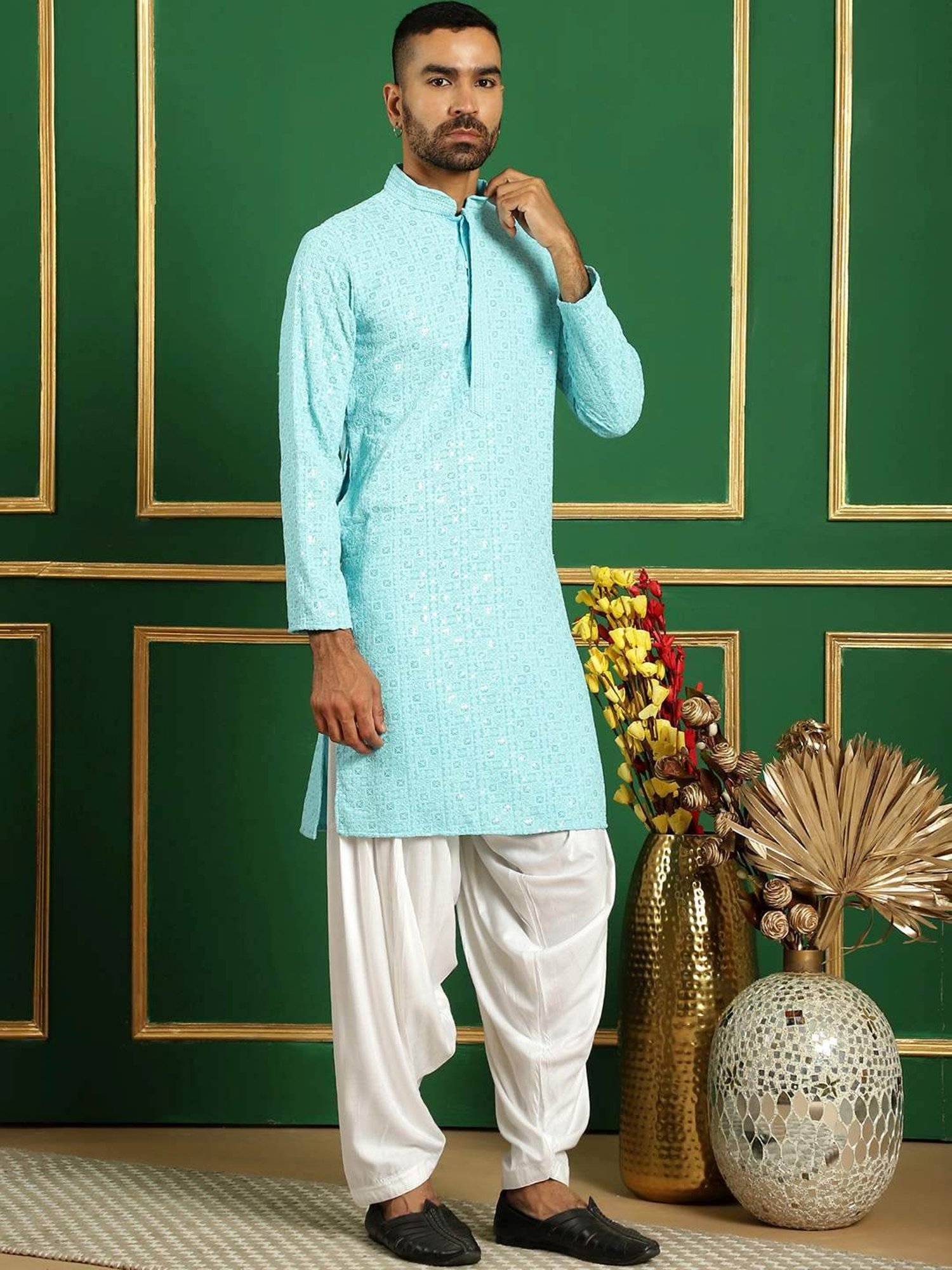 Jompers Blue & White Regular Fit Embroidered Kurta Bottom Set