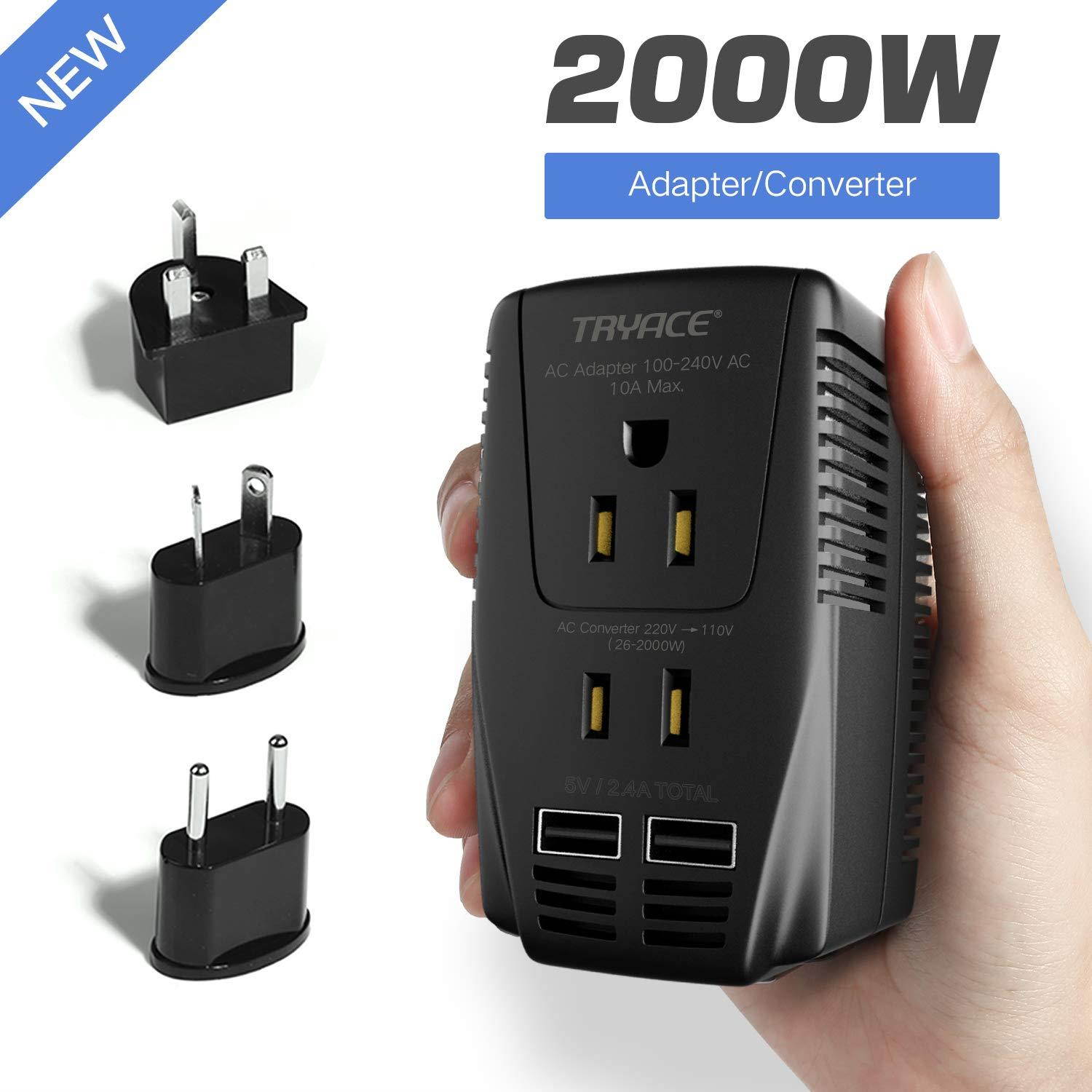 TryAce 2000W Voltage Converter with 2 USB Ports,Set Down 220V to 110V Power Converter for Hair Dryer /Straightener /Curling Iron, Travel Transformer for UK/AU/US/EU Plug Adapter(Exclusive)
