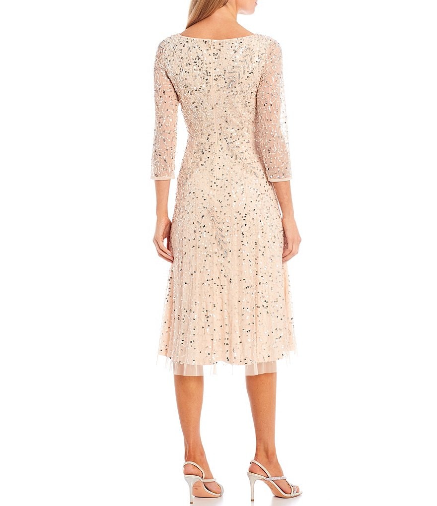 Adrianna Papell Beaded A-Line Jewel Neck 3/4 Sleeve Midi Dress