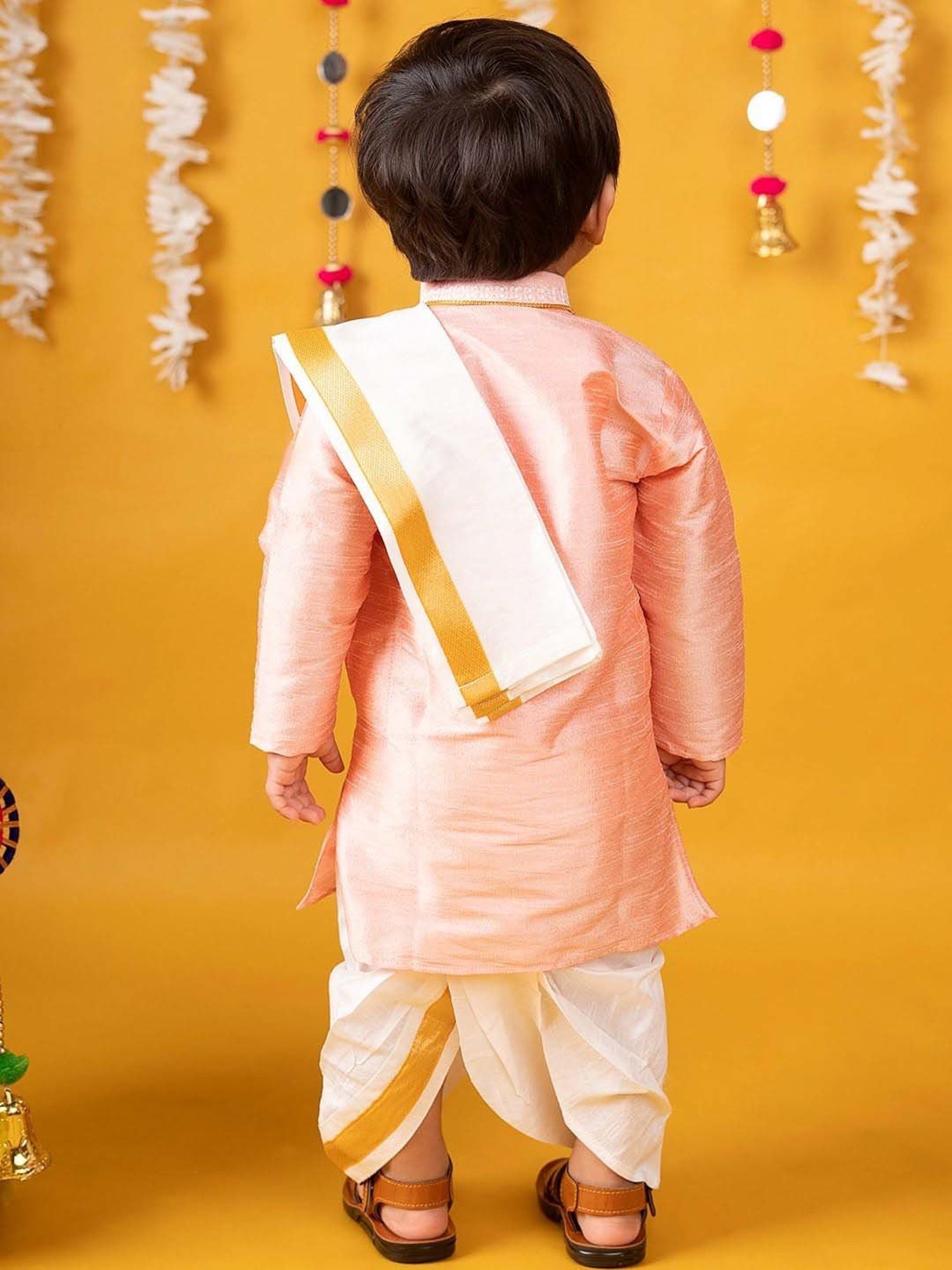 Baby Moo Kids Peach & White Regular Fit Full Sleeves Kurta Set
