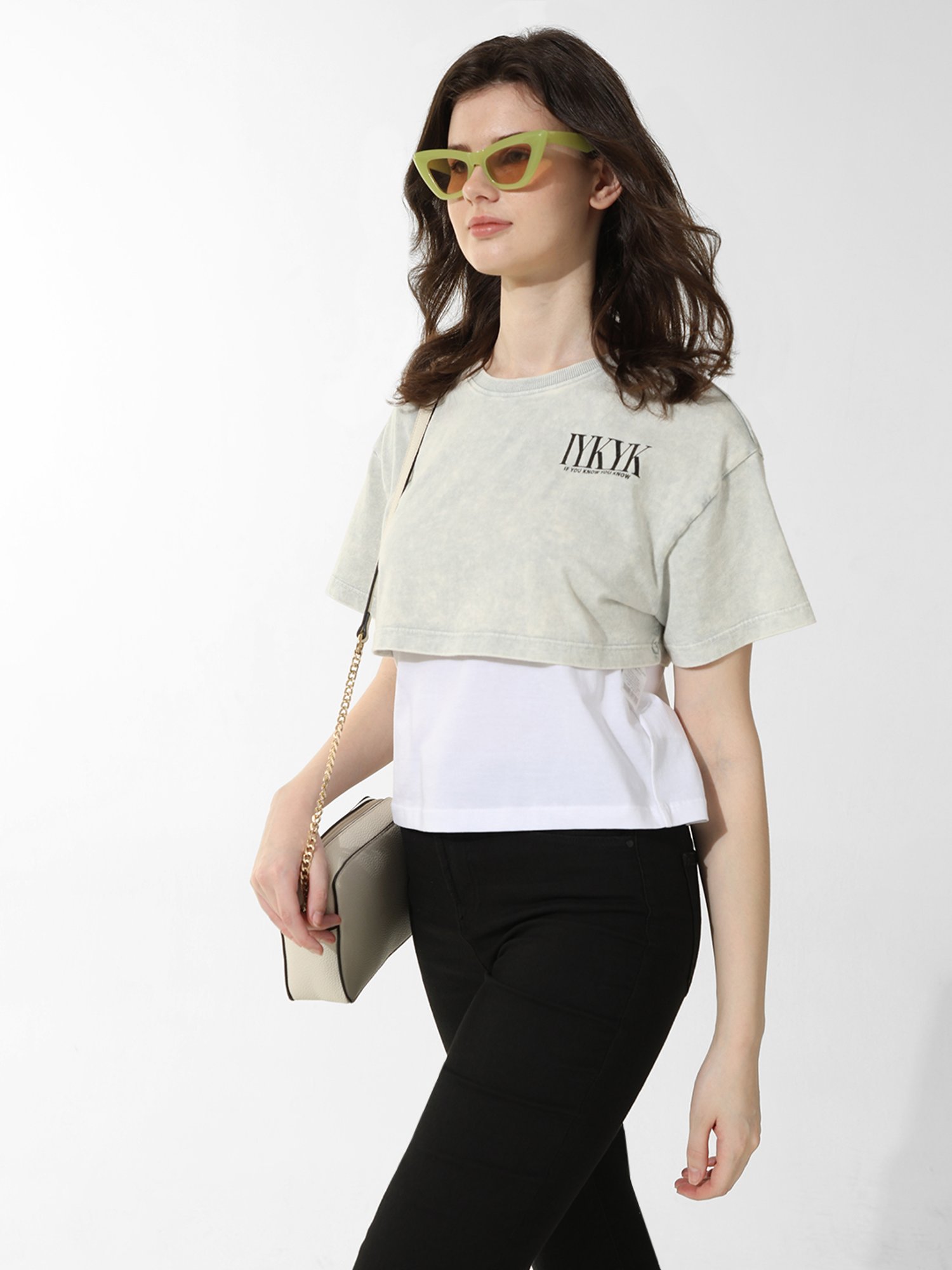 Only Grey & White Cotton Graphic Print T-Shirt