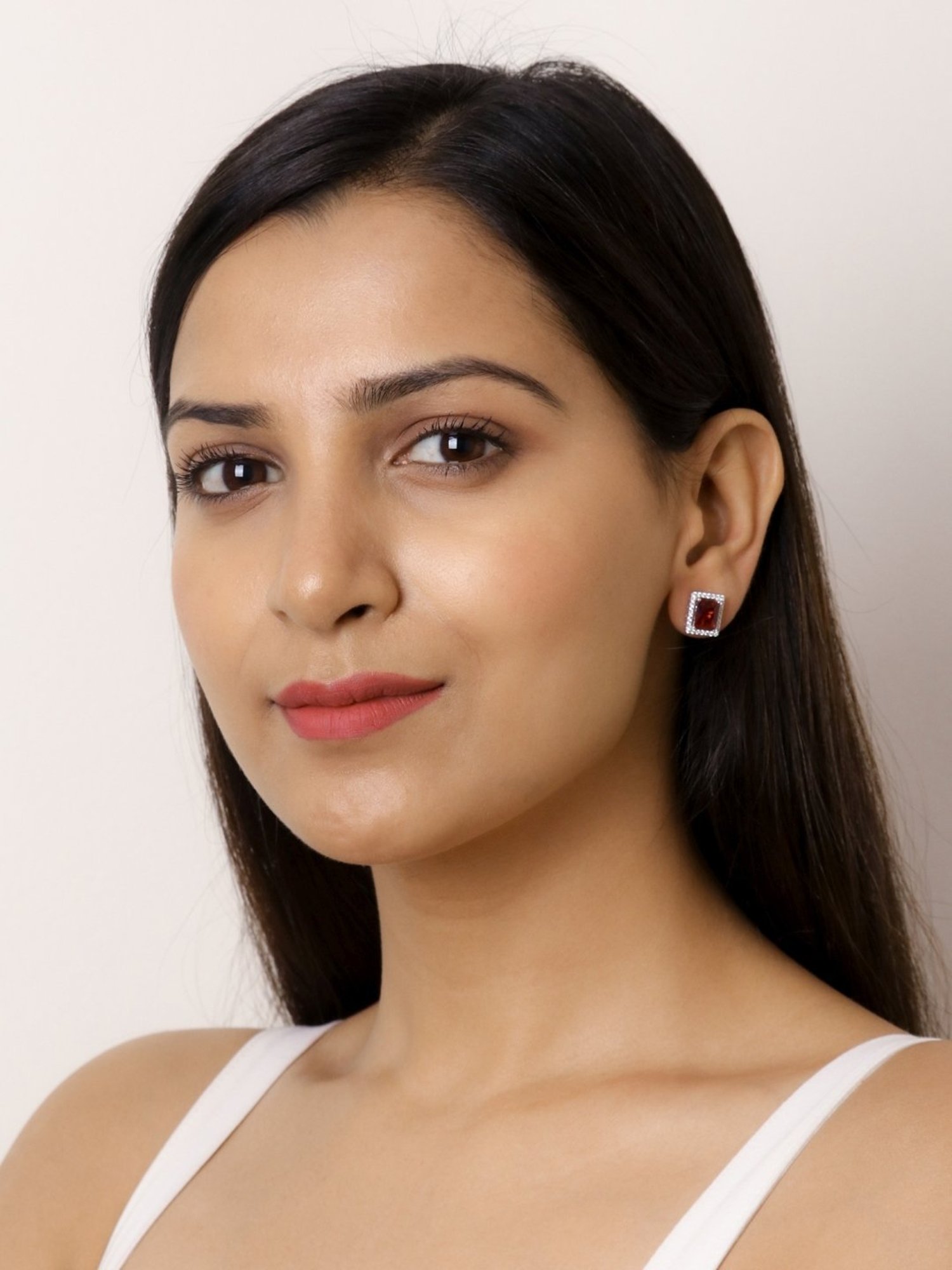 925 Silver Rectangular Red Ruby and American Diamond Stud Earrings for Women & Girls