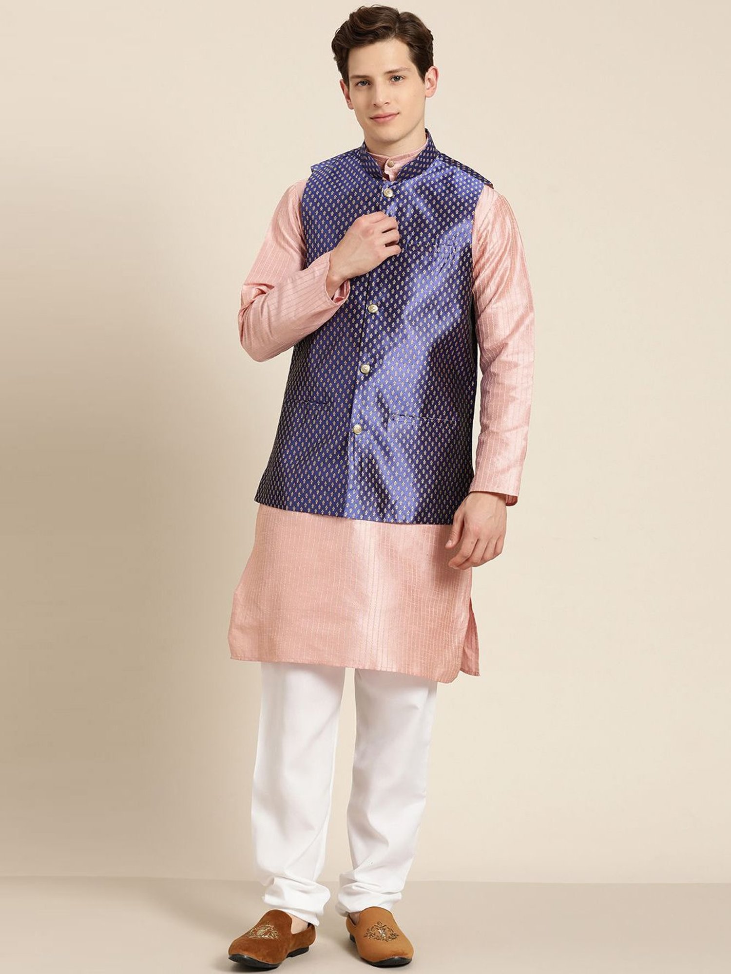 Sojanya Pink & Blue Regular Fit Self Pattern Kurta Set With Jacket