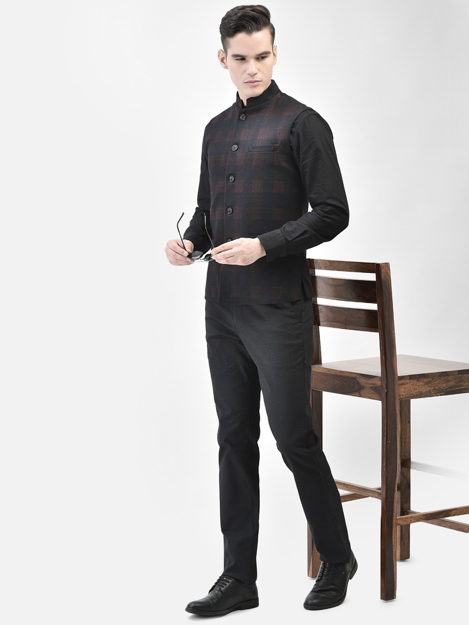Crimsoune Club Red Slim Fit Checks Nehru Jacket