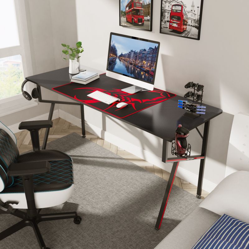 Eureka Gaming&reg; Captain K Series 63'' E-sport Desk, Home Office Gaming Computer Desk, K Shaped Gamer Workstation with Free Controller Stand, Cup Holder, Headphone Hook & Mousepad, Black