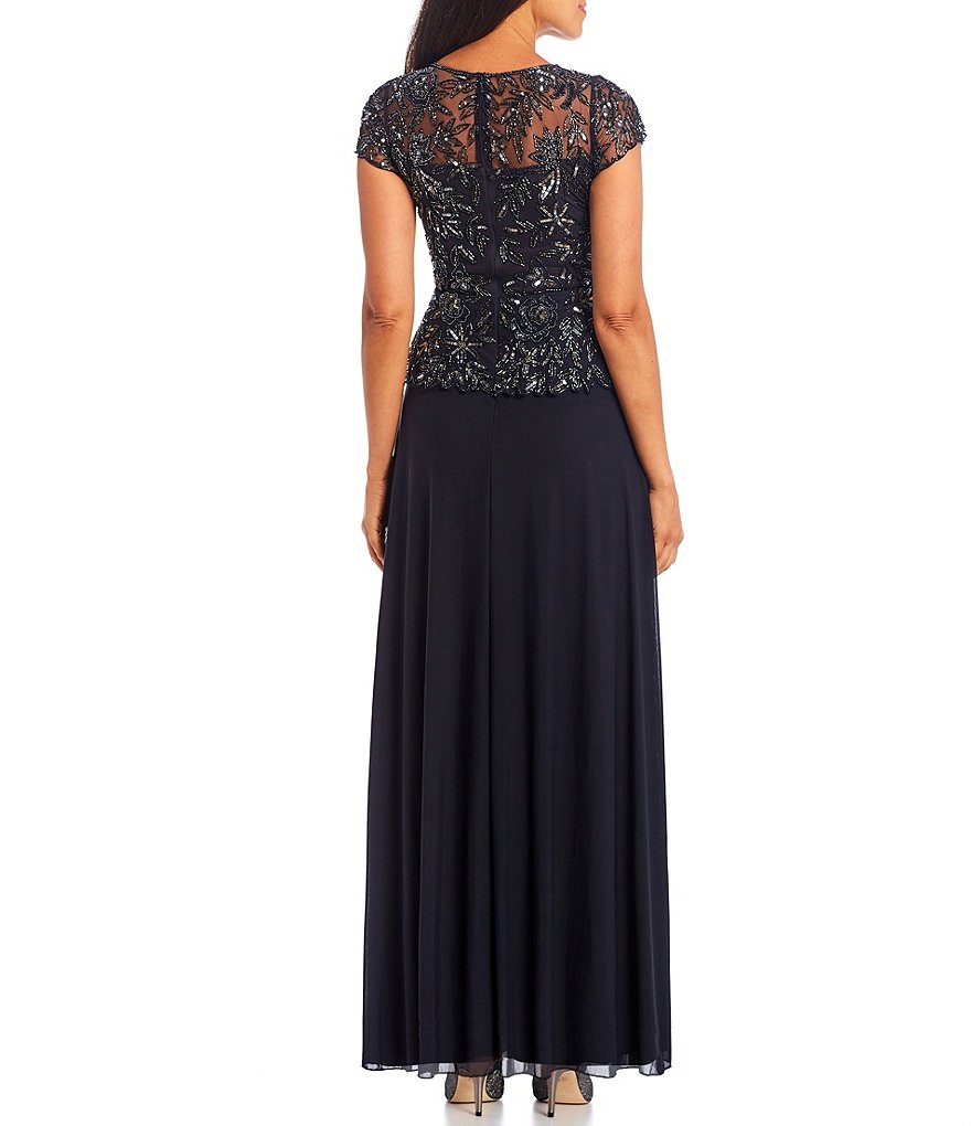 Jkara Petite Size V-Neck 3/4 Sleeve Beaded Bodice Gown