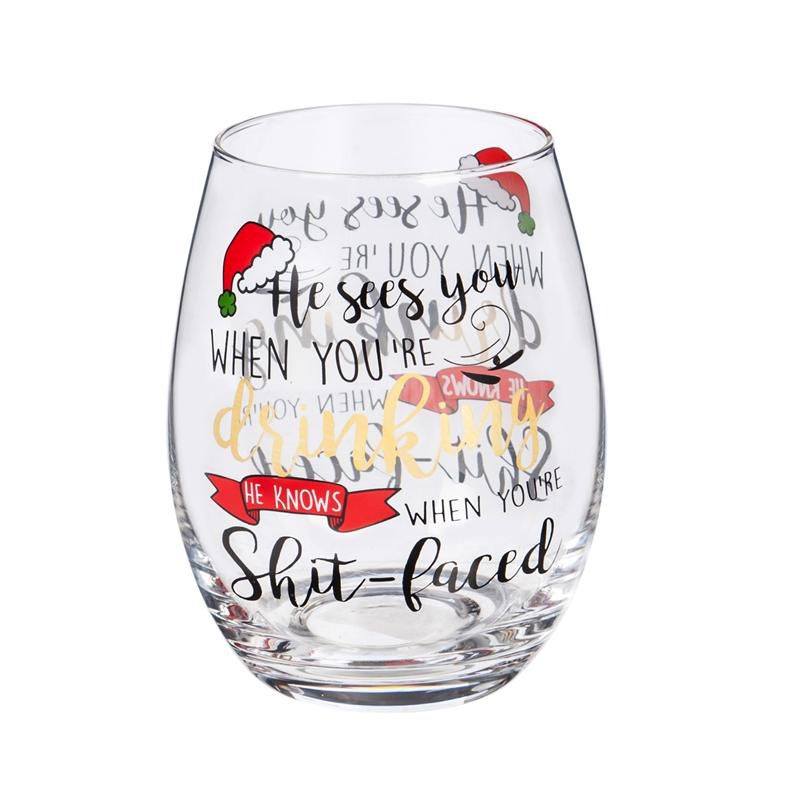 Cypress Home Beautiful Christmas He Sees You When You're Drinking Metallic Stemless Wine Glass - 4 x 5 x 4 Inches Indoor