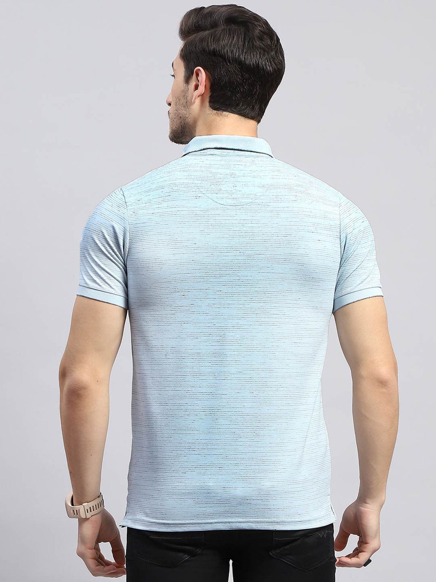 Monte Carlo Sky Blue Regular Fit Striped Polo T-Shirt